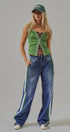 Wide Leg Faux Denim Print French Terry Track Pants with Side in DENIM - Women's Casual Pants | Urban Daizy