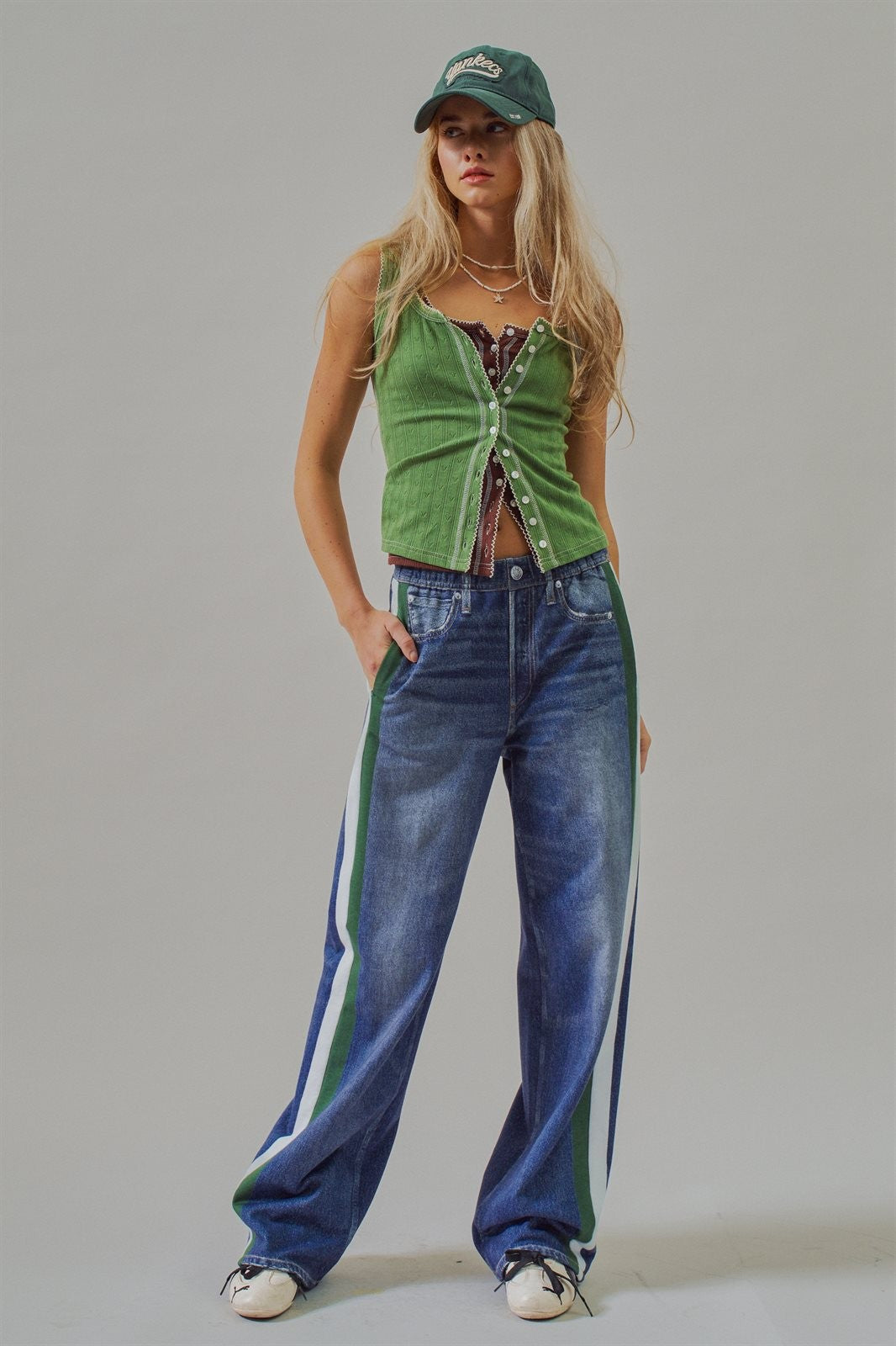 Wide Leg Faux Denim Print French Terry Track Pants with Side in DENIM - Women's Casual Pants | Urban Daizy