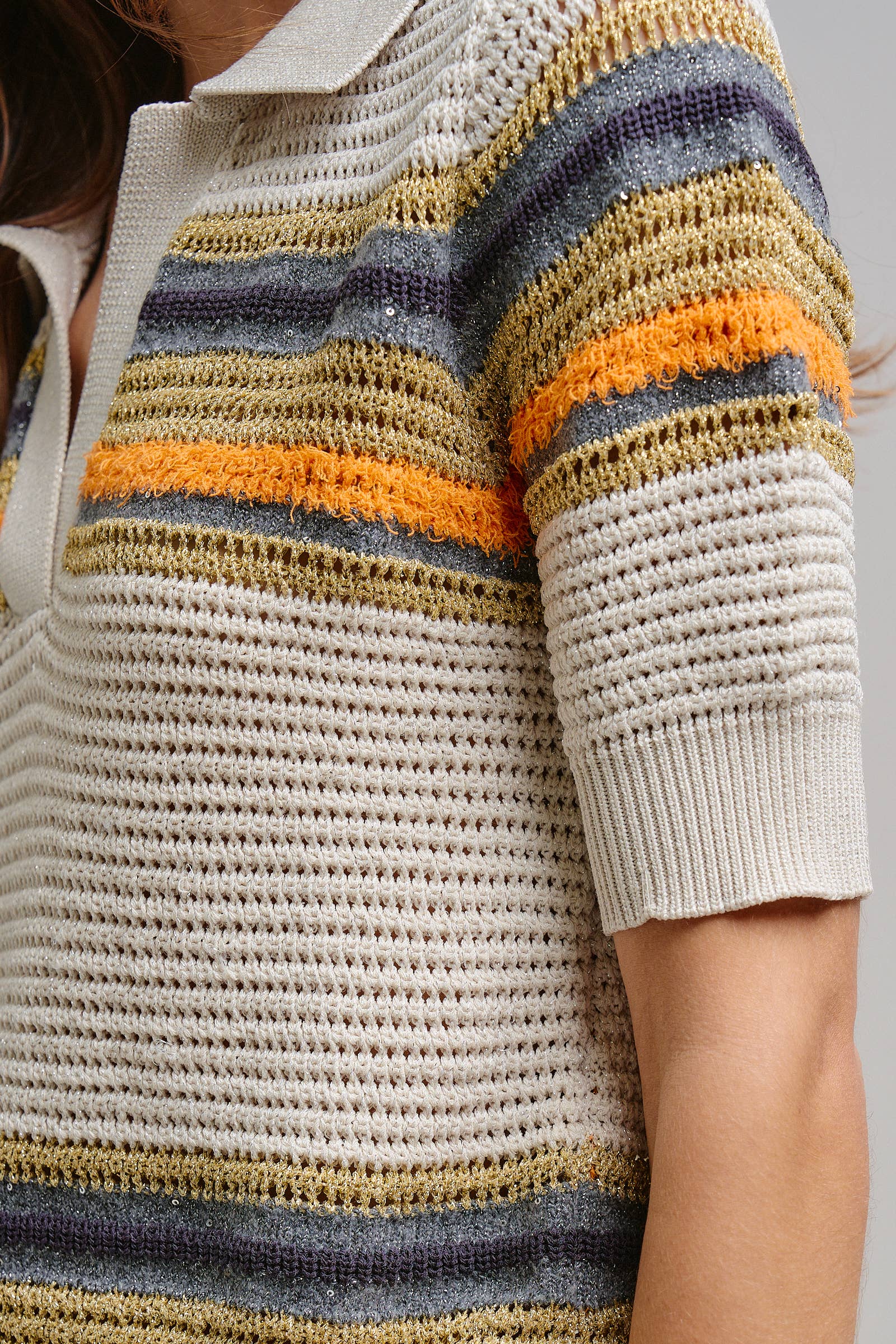 Retro Striped Open Knit V-Neck Polo