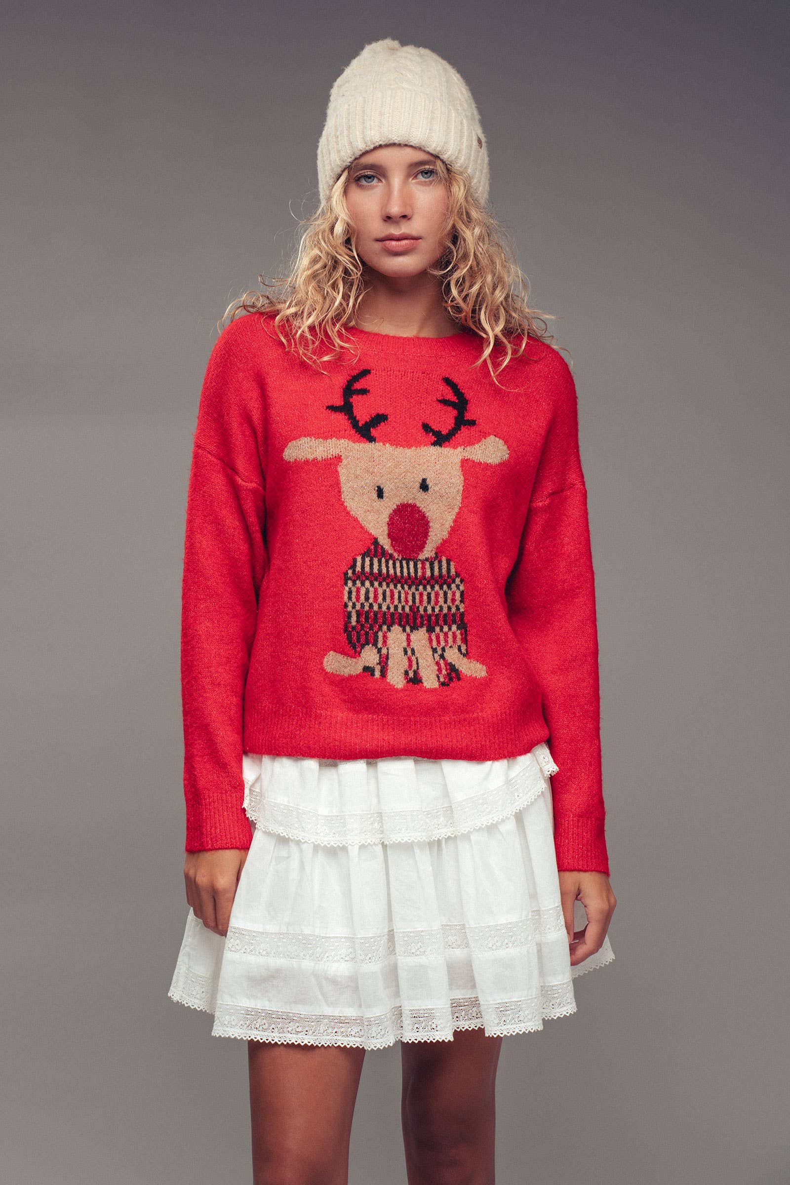 Urban Daizy Rudolph Reindeer Knit Crewneck Sweater Grey Knit Sweater - Women's (UDZ-KN-00538) – alternate view 19