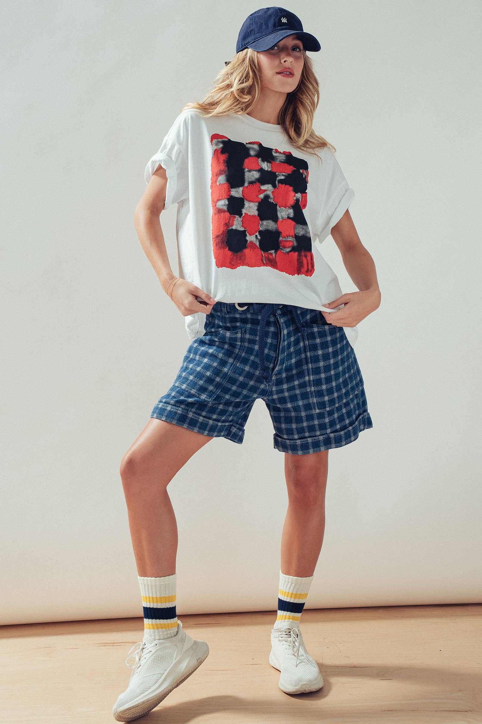 Urban Daizy Plaid Cotton Blend Shorts Rope Drawstring Blue Shorts - Women's (UDZ-PT-00480) – alternate view 9