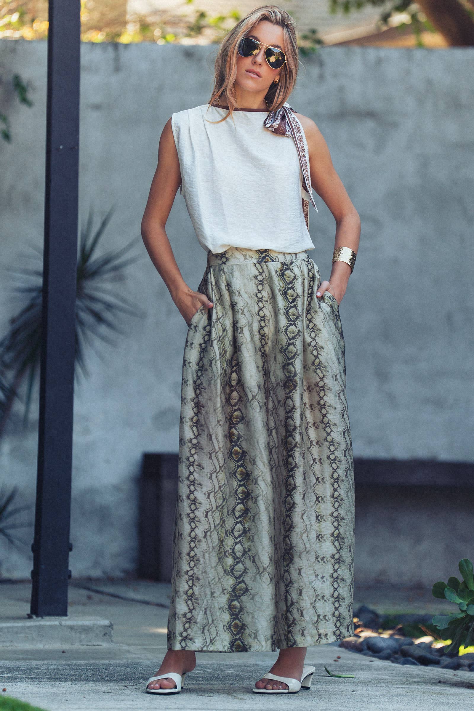 Snake Print Wide Leg Pants Linen Blend