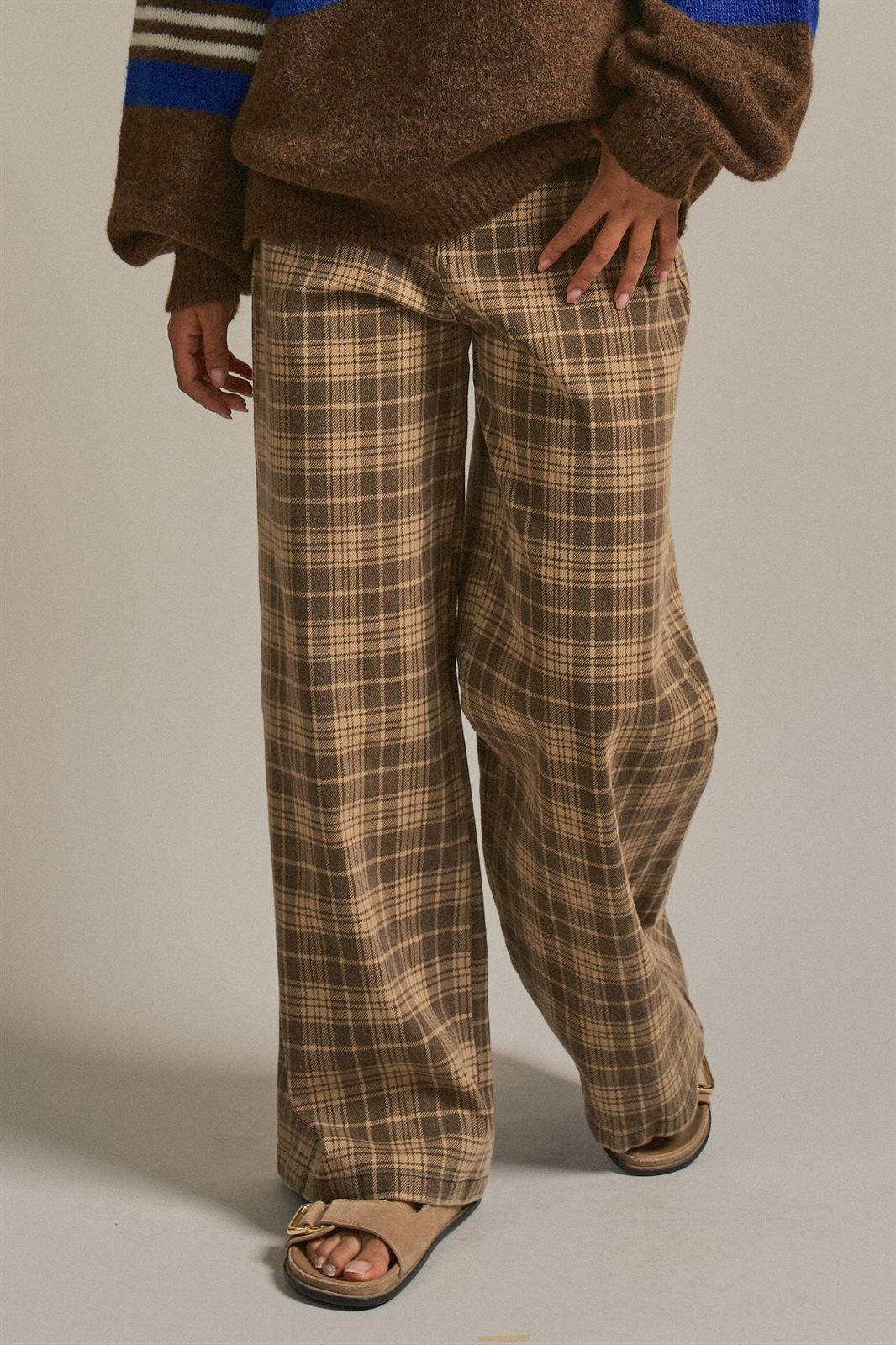 Checker Plaid Wide Leg Pants Y2K Vintage Western for Women in BROWN - Women's Casual Pants | Urban Daizy