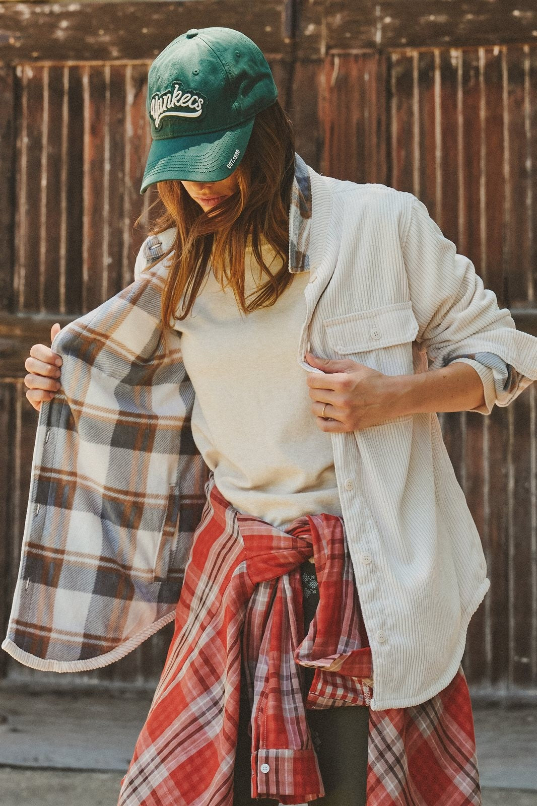 Reversible Corduroy Flannel Plaid Shacket Western for Women in CREAM - Women's Jackets & Blazers | Urban Daizy