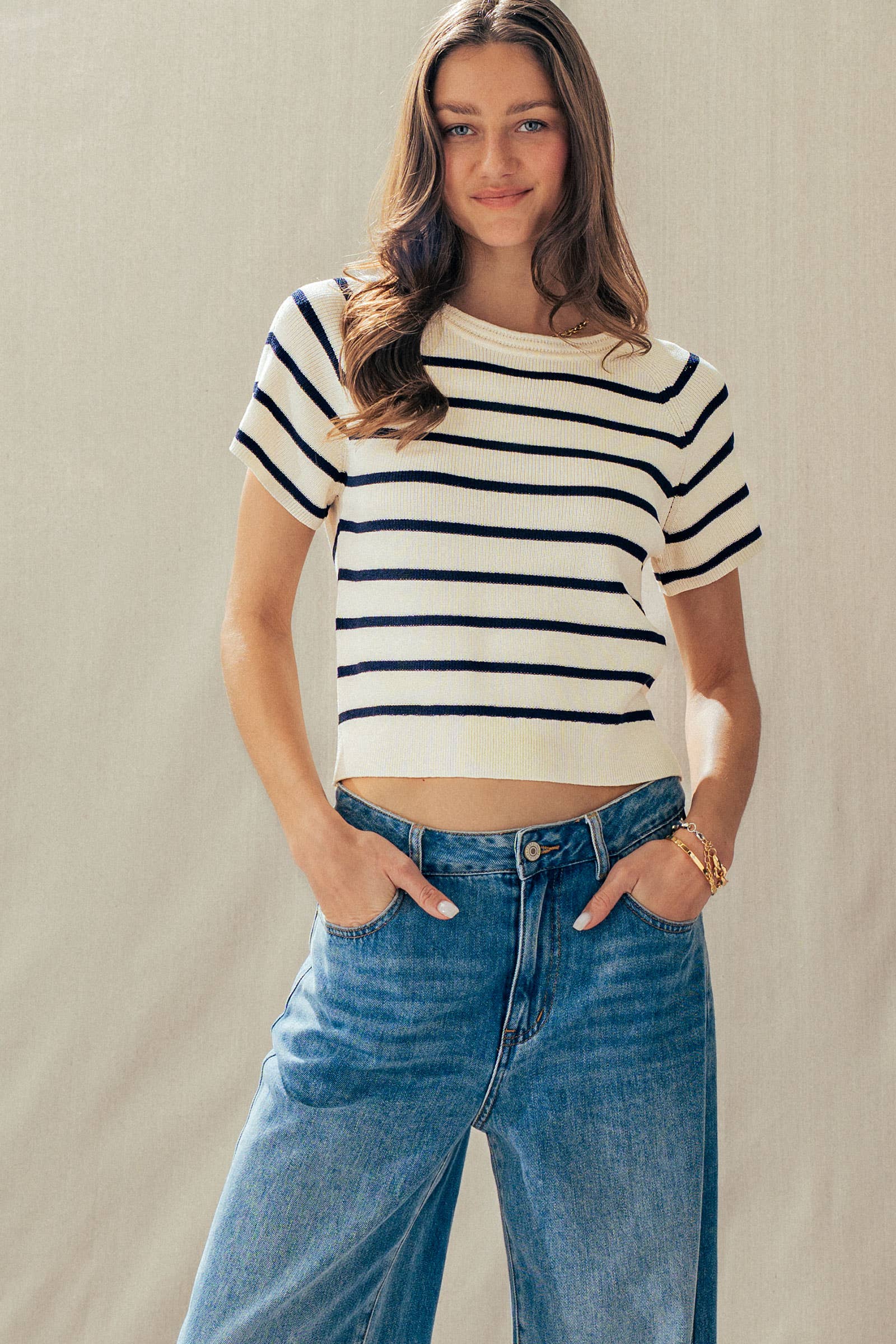 Classic Striped Raglan Sleeve Knit Top
