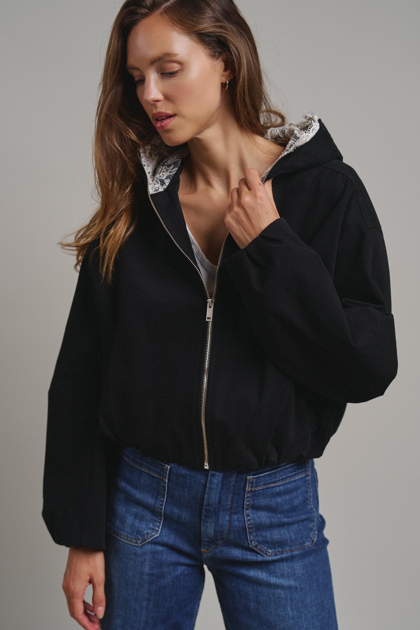 Oversized Hooded Zip-Front Cotton Jacket in BLACK - Women's Jackets & Blazers | Urban Daizy