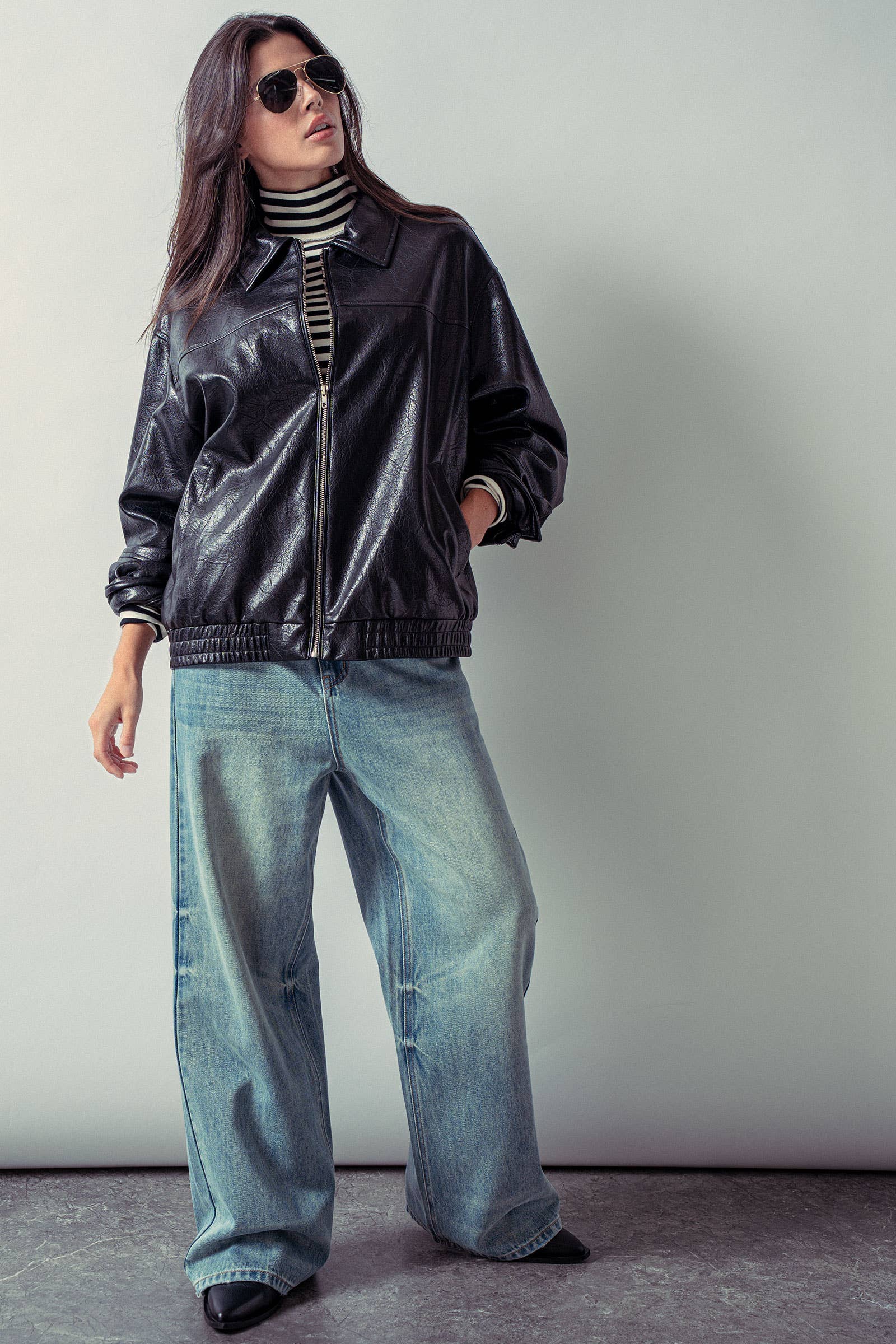 Relaxed Faux Leather Zip-Up Statement Jacket
