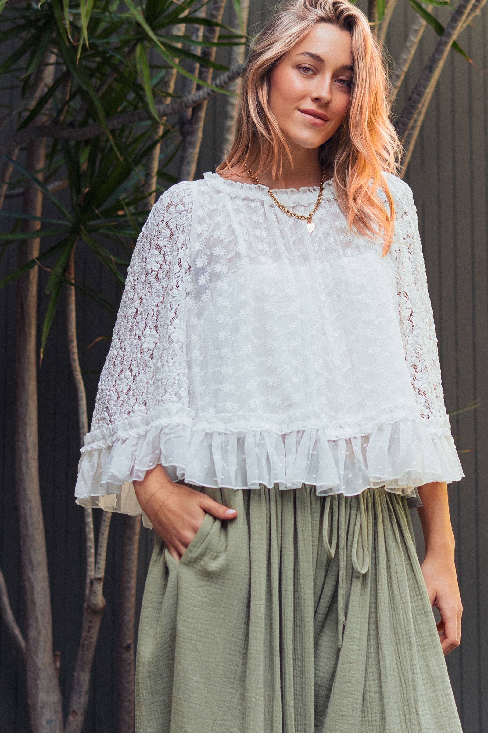 Urban Daizy Swiss Dot Lace Top Ruffle Flutter Sleeve Black Blouse - Women's (UDZ-TP-01041) – alternate view 2