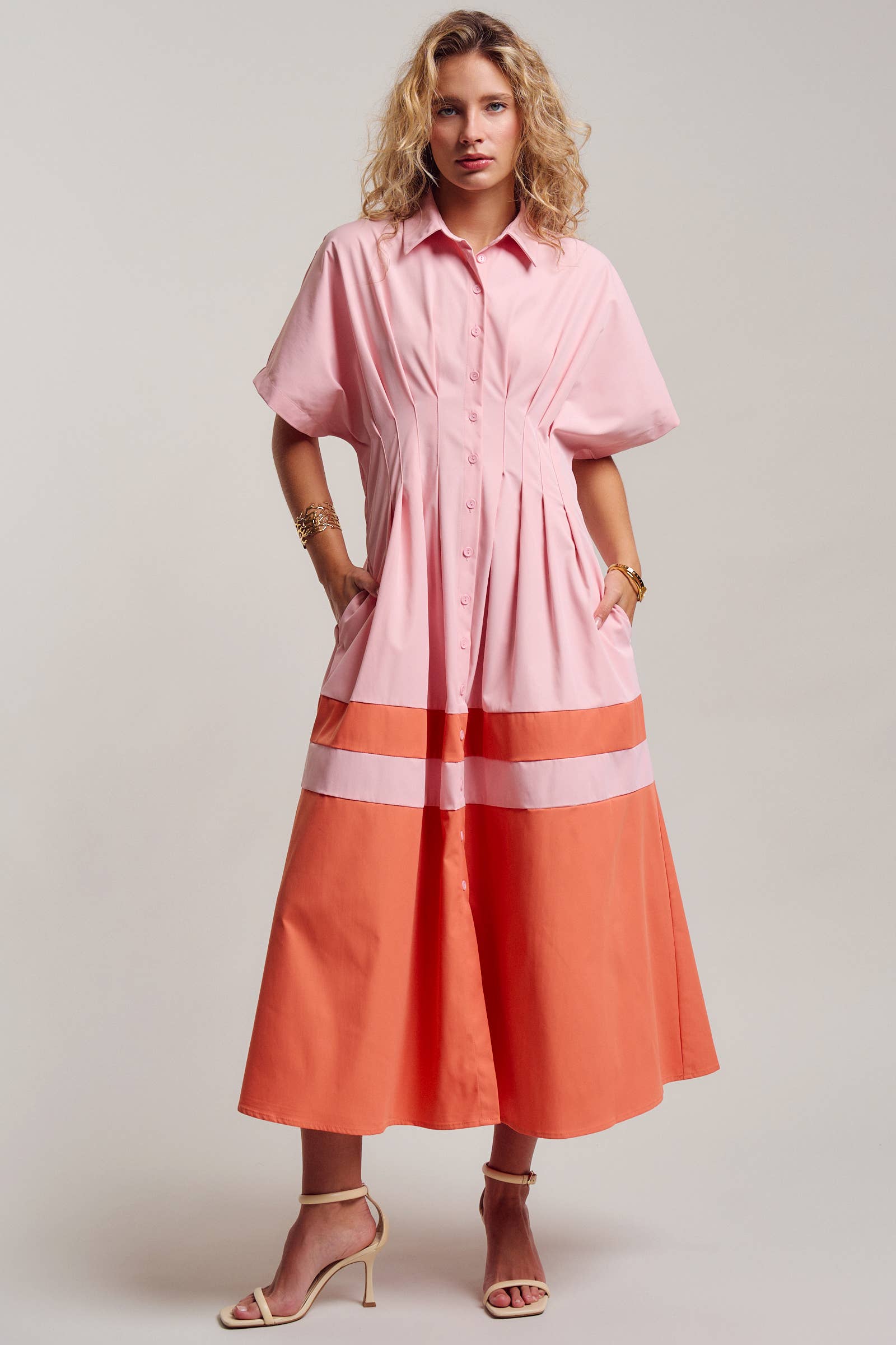Colorblock Button-Up Cotton Midi Dress