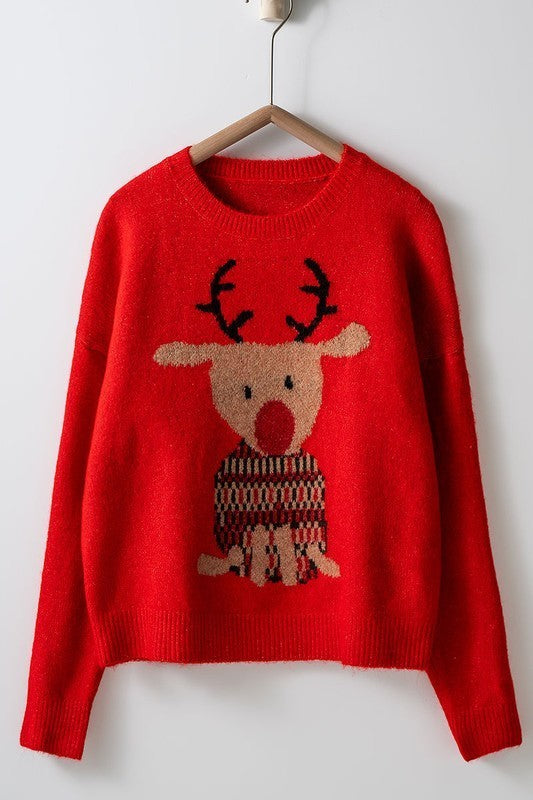 Rudolph Crewneck Knit Sweater in RED - Women's Sweaters | Urban Daizy