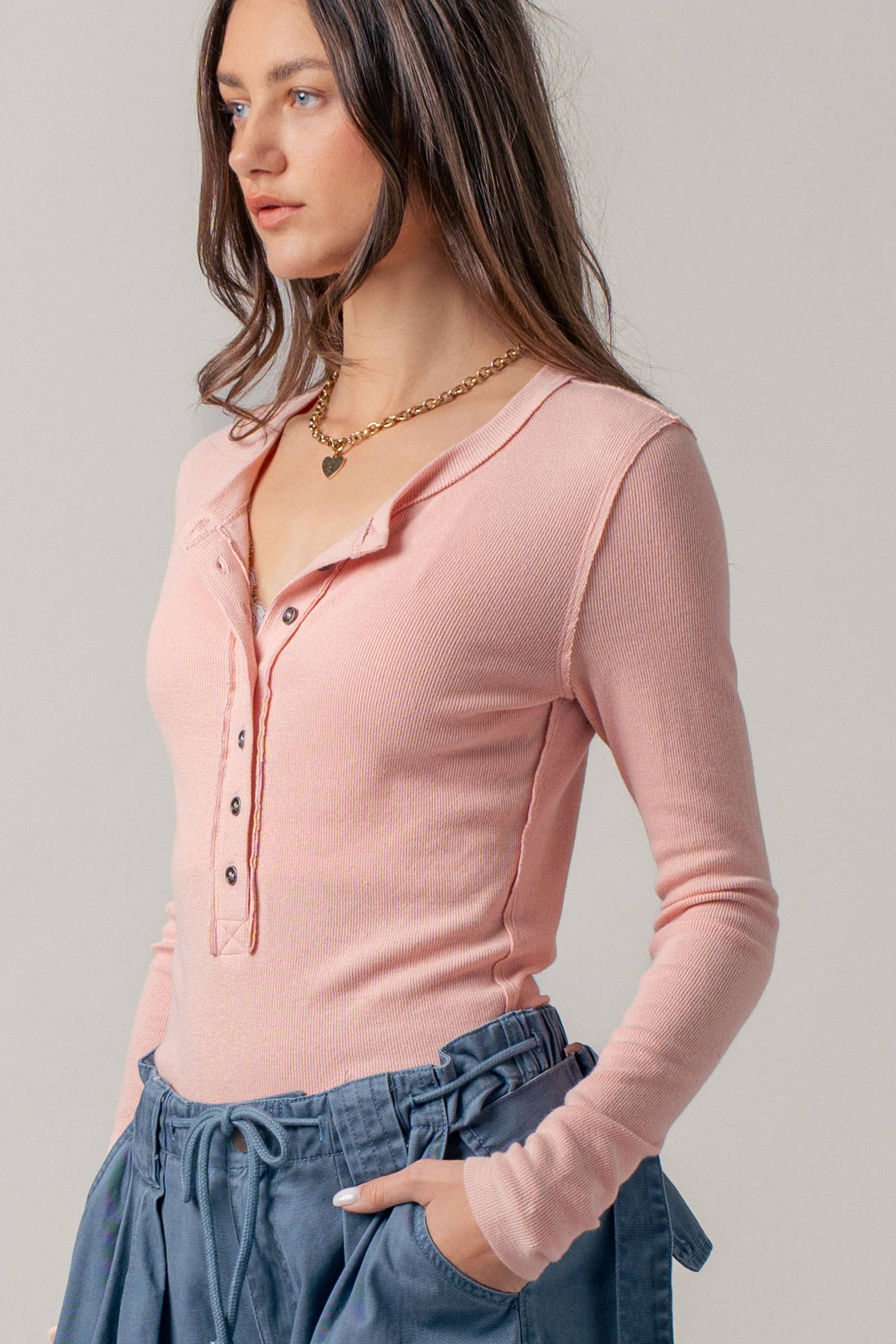 Ribbed Henley Long Sleeve Top