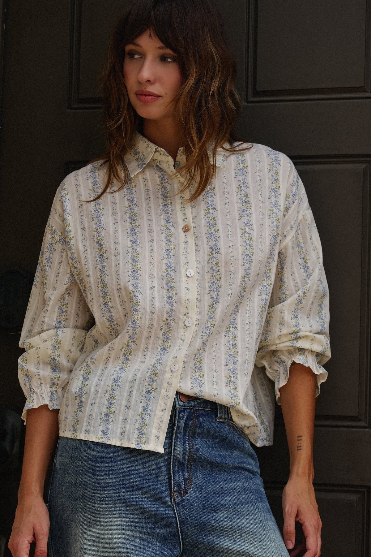 Blossom Whisper Stripe Button-Down Blouse in CREAM - Women's Shirts & Blouses | Urban Daizy