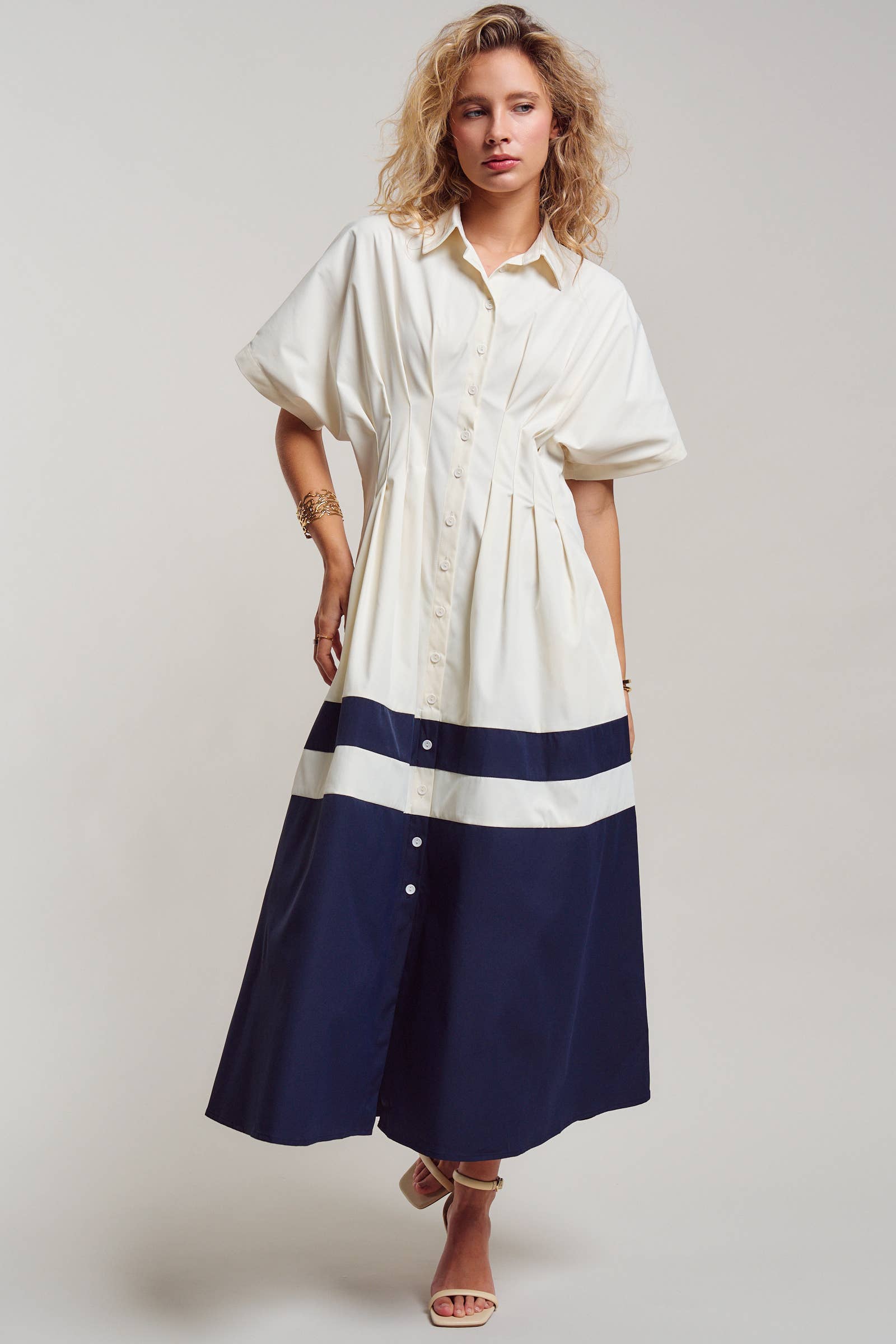 Colorblock Button-Up Cotton Midi Dress