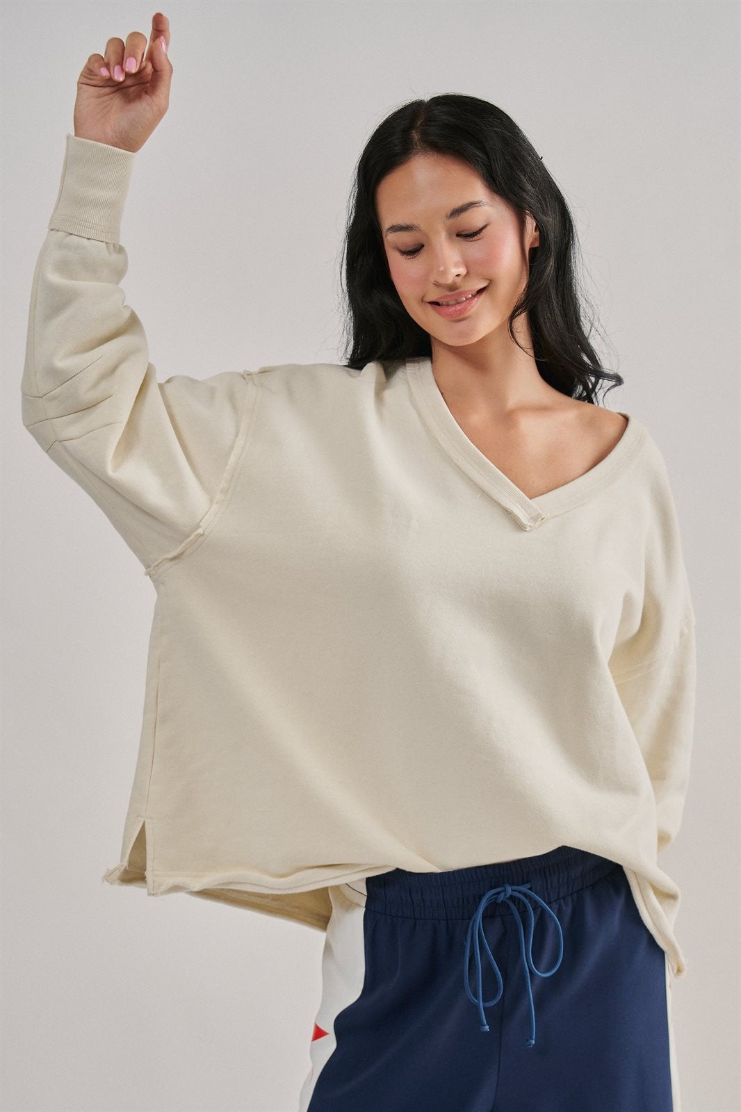 Relaxed Vintage V-Neck Oversized Sweatshirt in CHALK - Women's Sweatshirts & Hoodies | Urban Daizy