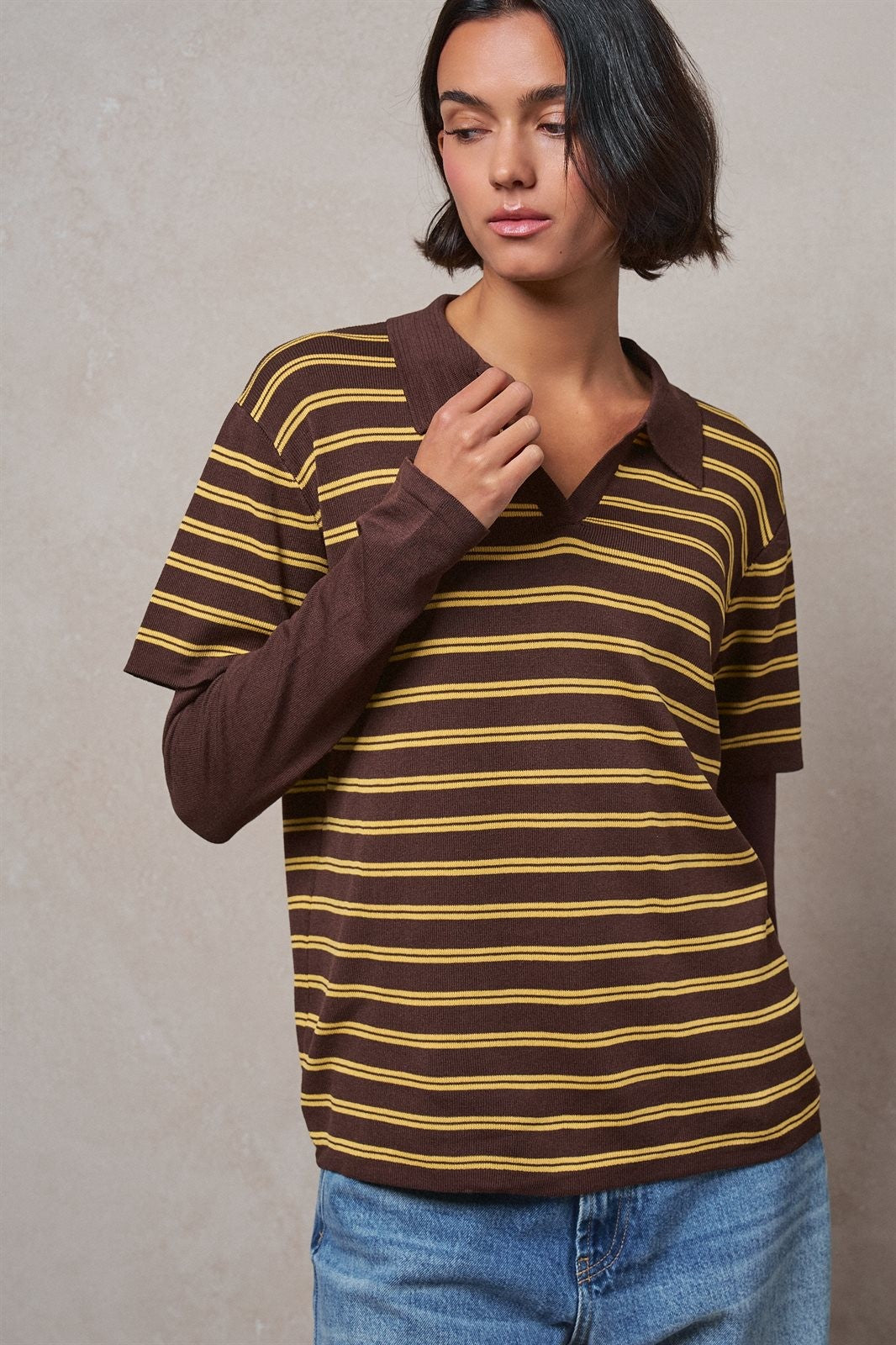Striped Collared Layered Polo Top in BROWN - Women's Sweaters | Urban Daizy