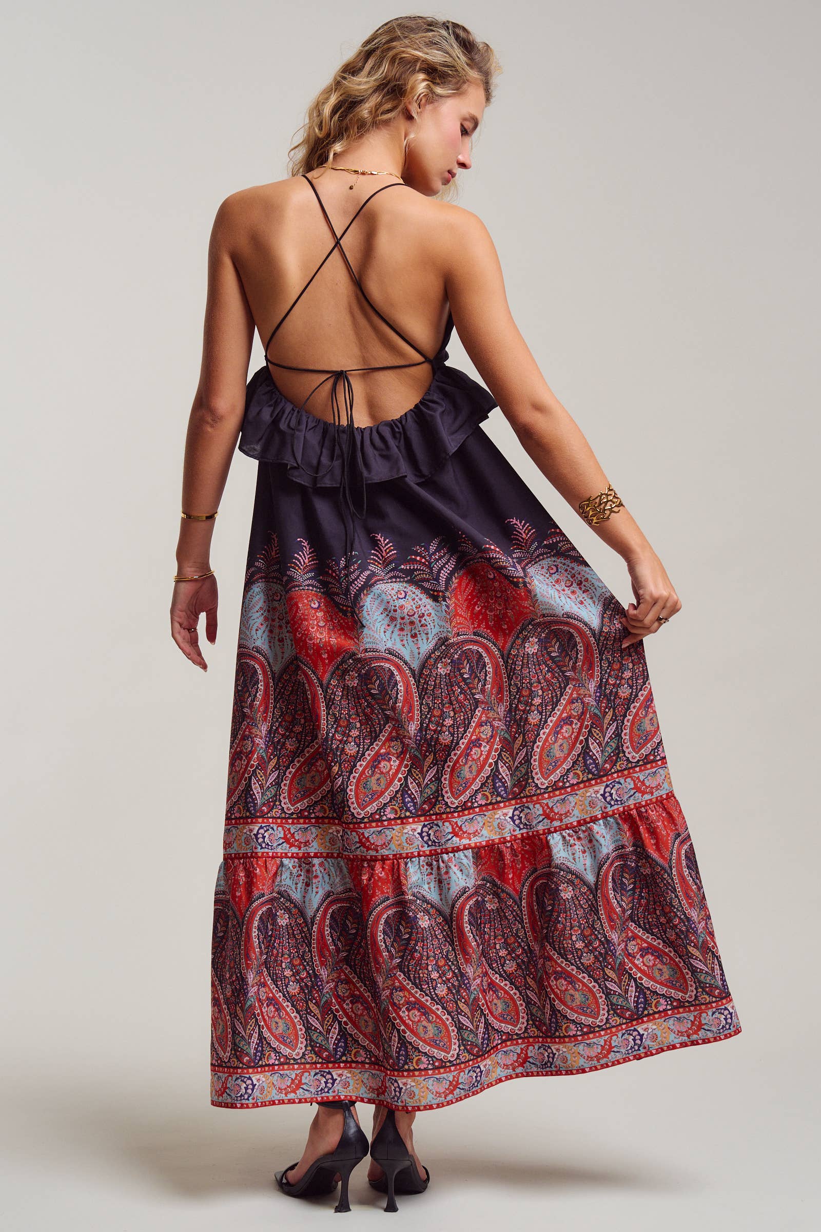 Urban Daizy Paisley Border Print Ruffle Overlay Maxi Dress Black Dress - Women's (UDDR0351-Black) – alternate view 5