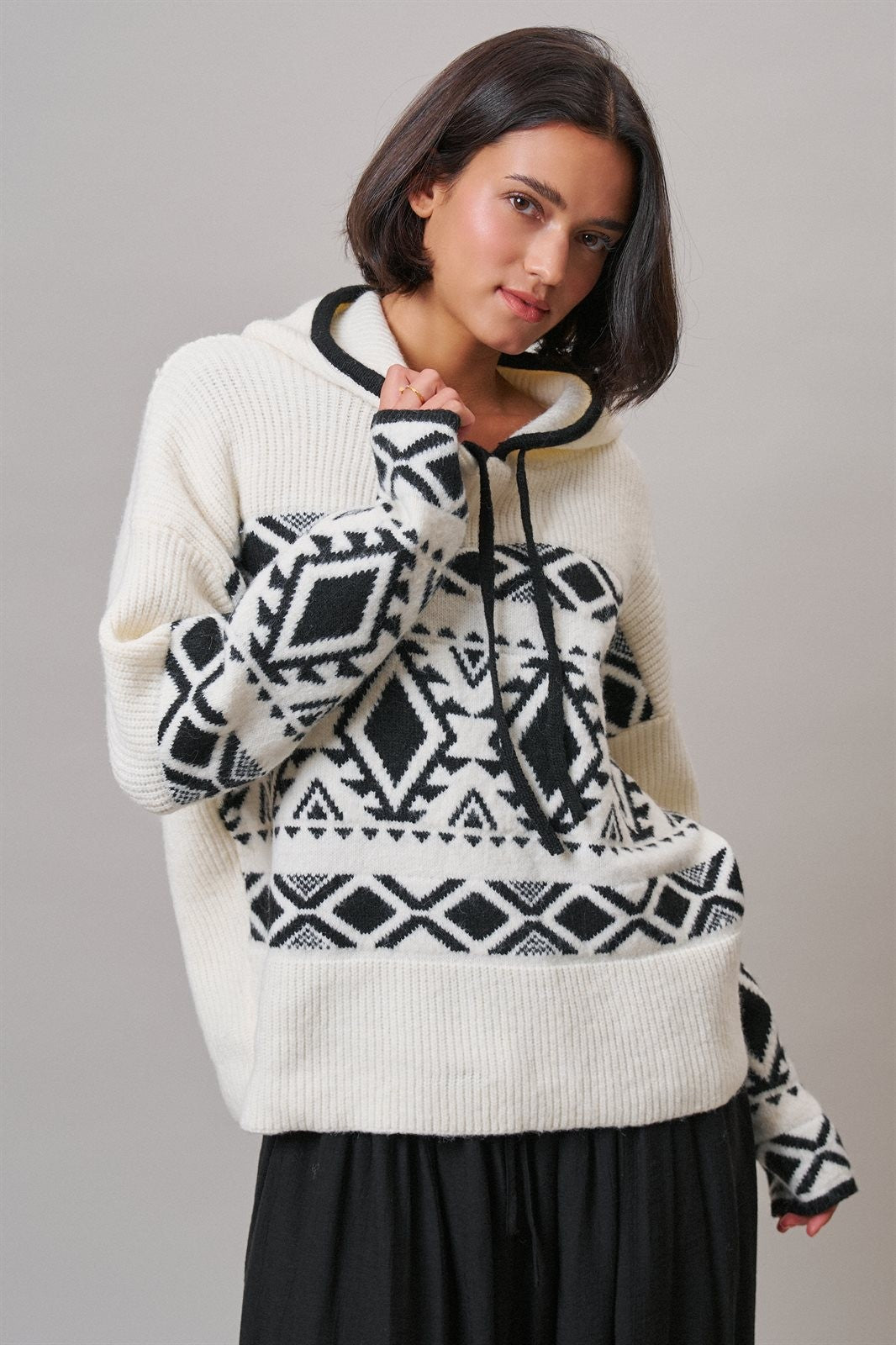 Nordic Fair Isle Hooded Sweater Wool Blend in IVORY BLACK - Women's Sweaters | Urban Daizy