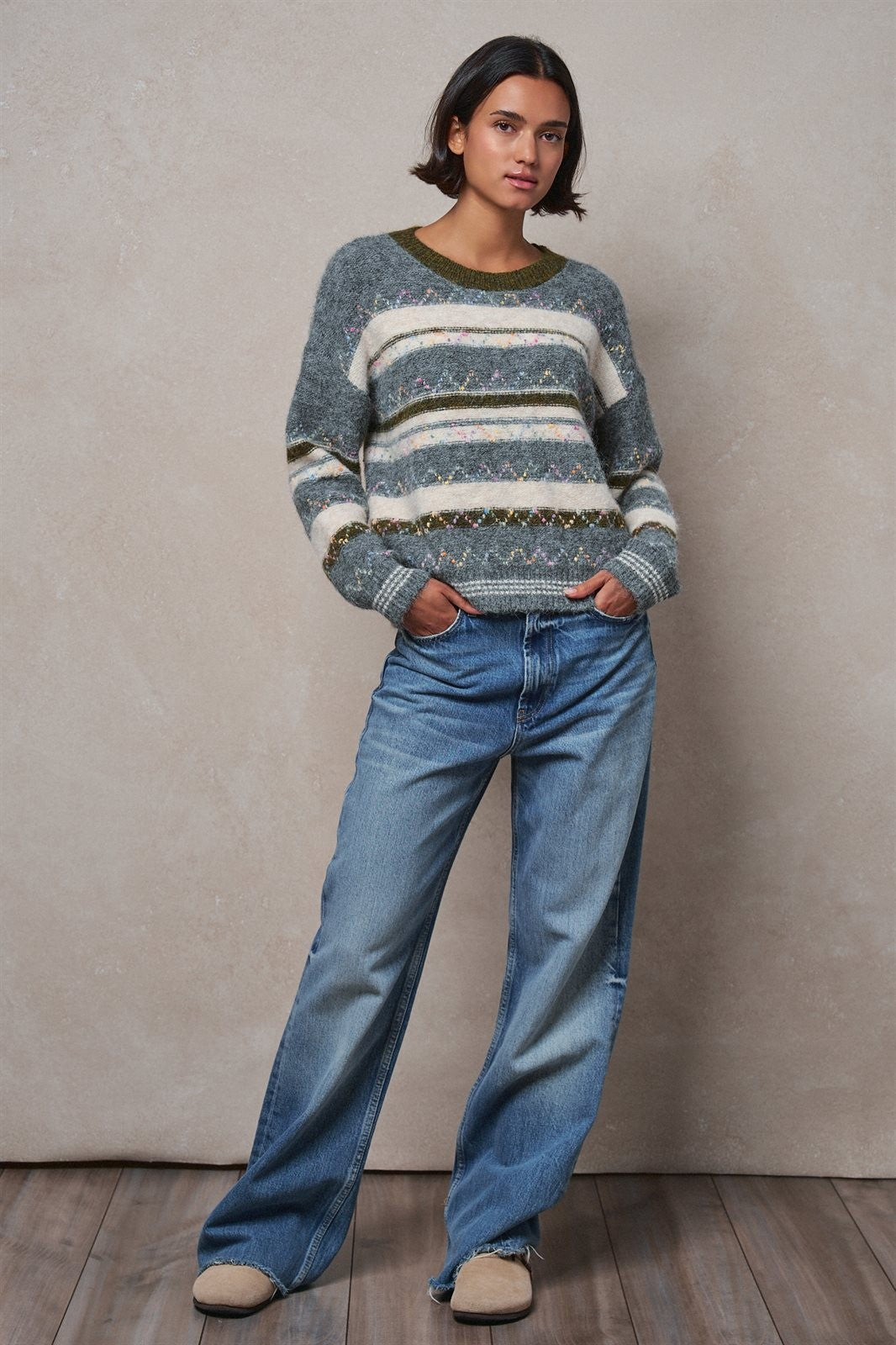 Multicolor Stripe Fair Isle Fuzzy Knit Sweater in GREY - Women's Sweaters | Urban Daizy