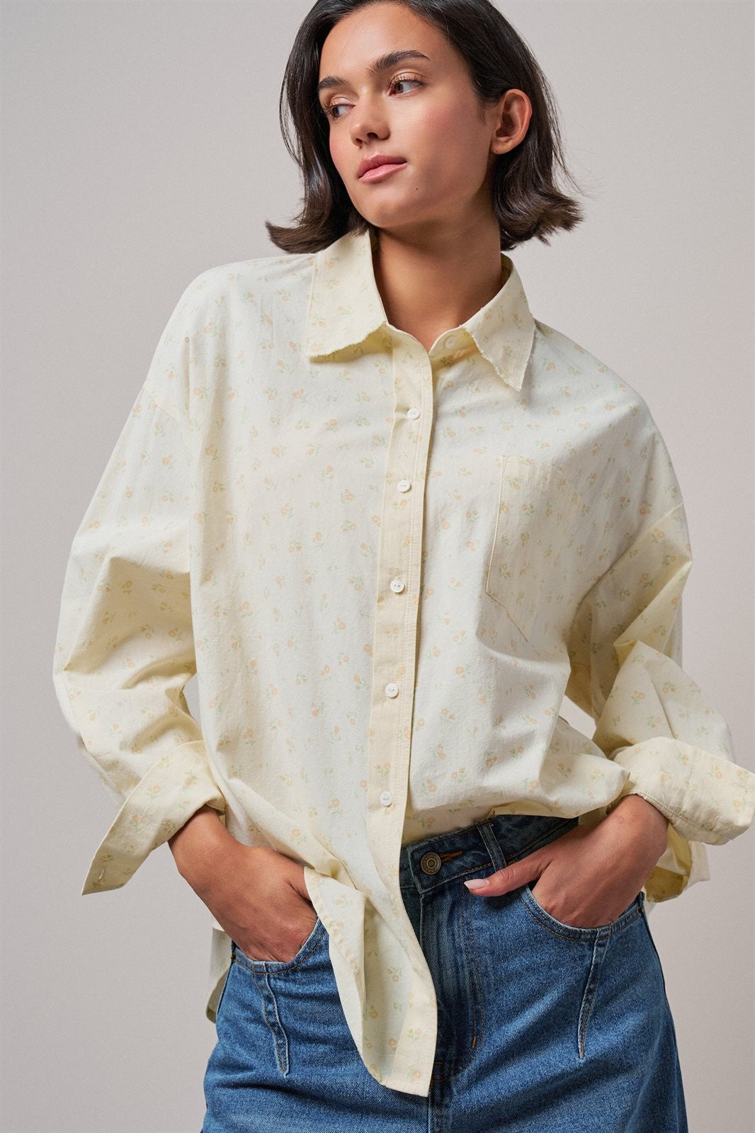 Soft Meadow Button-Down Shirt in CREAM - Women's Shirts & Blouses | Urban Daizy