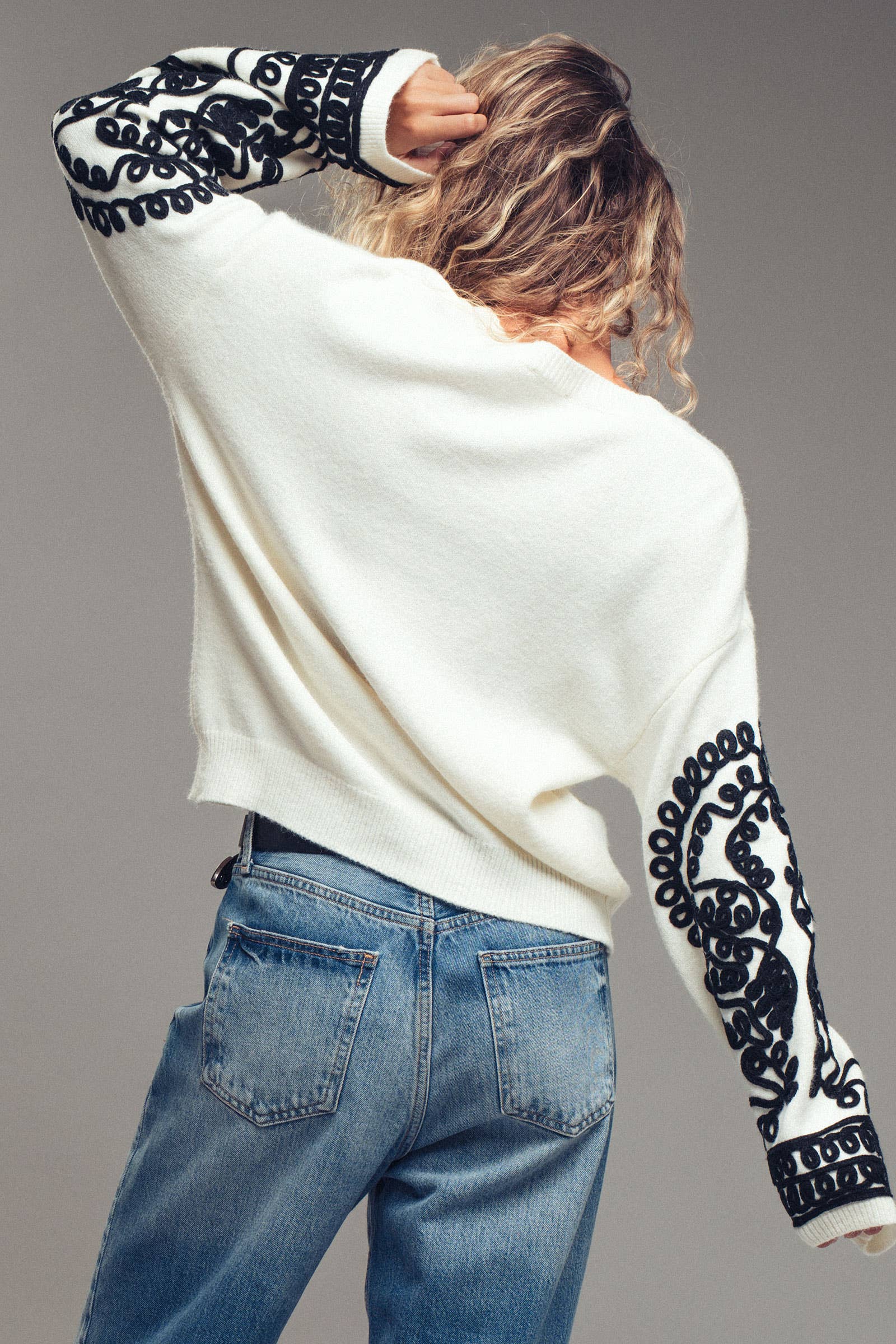 Urban Daizy Embroidered Sleeve Ivory Knit Sweater Ivory-Black Knit Sweater - Women's (UDZ-KN-00654) – alternate view 12