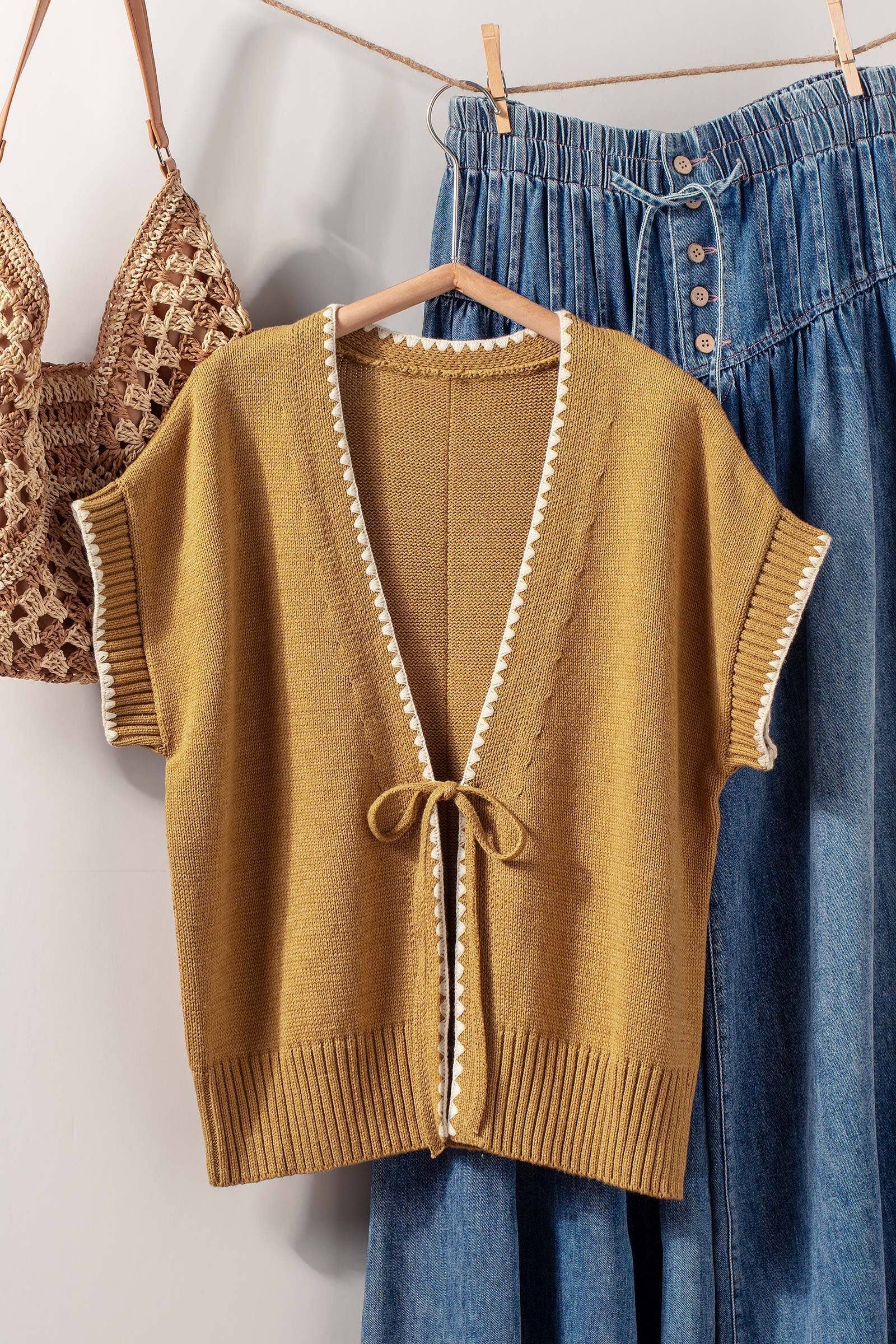 Crochet Trim Tie Front Knit Vest