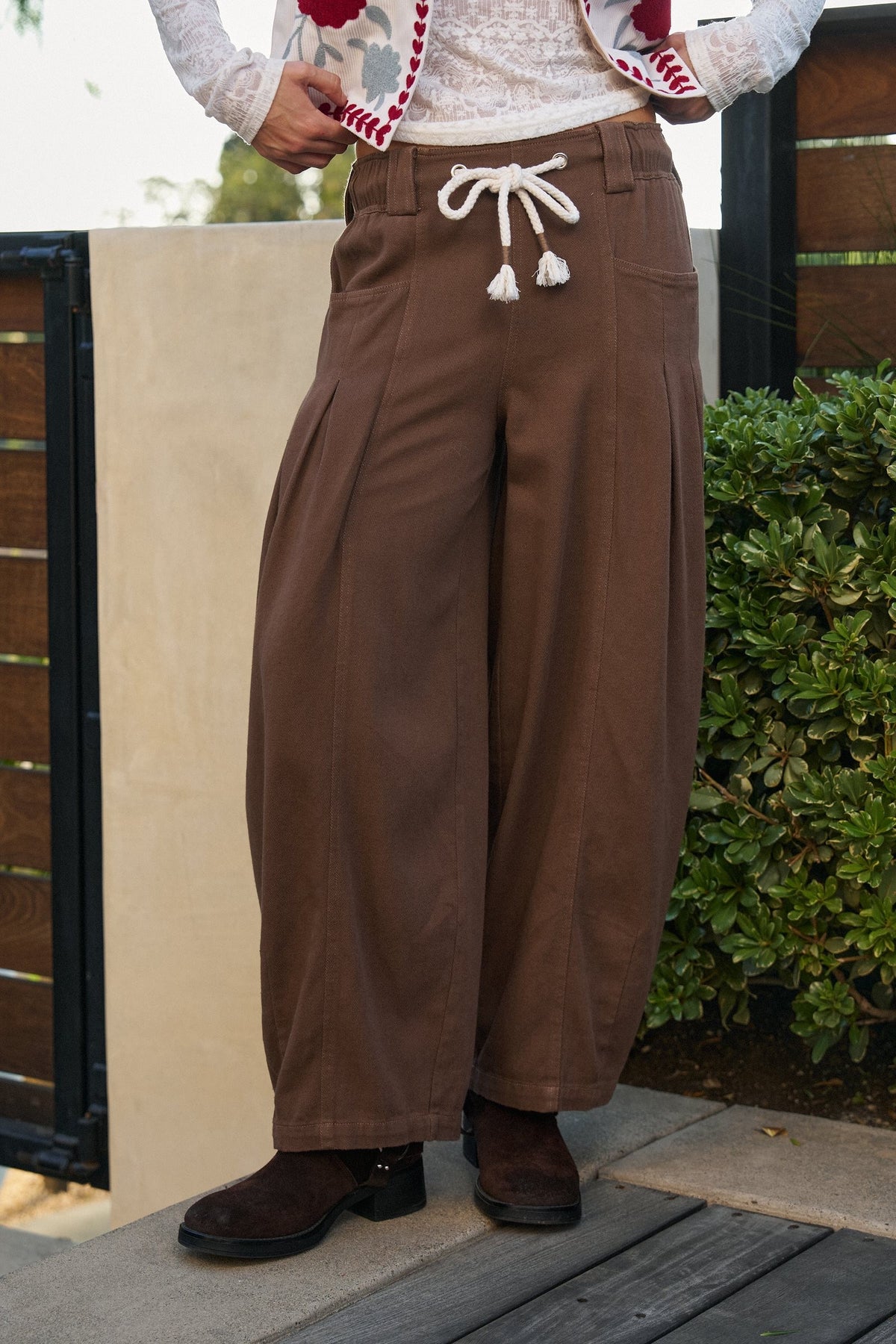 Pleated Wide-Leg Barrel Pant with Drawstring in BROWN - Women's Casual Pants | Urban Daizy