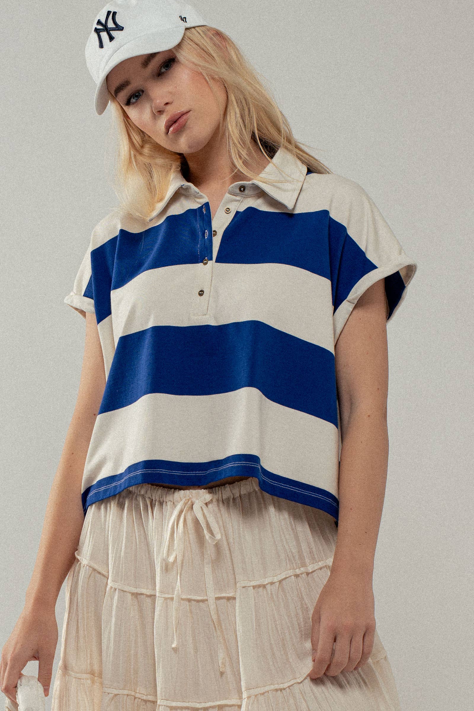 Urban Daizy Bold Striped Dolman Sleeve Polo Shirt Ivory Black Polo - Women's (UDZ-TP-00660) – alternate view 7