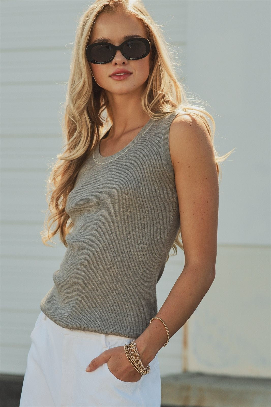 Beaded Neckline Rib Tank in GREY - Women's Tops | Urban Daizy