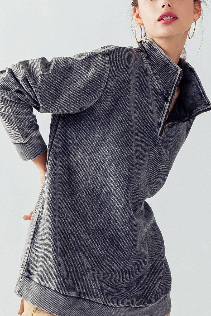 Urban Daizy Vintage Washed Quarter Zip Ribbed Sweatshirt Charcoal Sweatshirt - Women's (UDZ-KN-00255) – alternate view 30