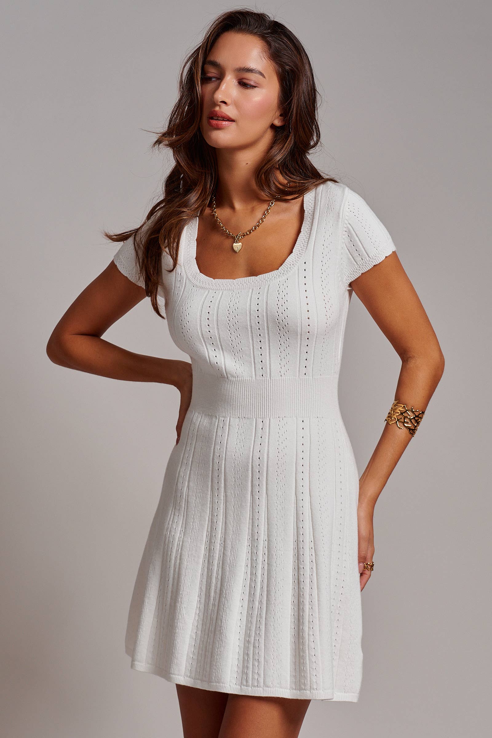 Pointelle Knit Square Neck Mini Dress