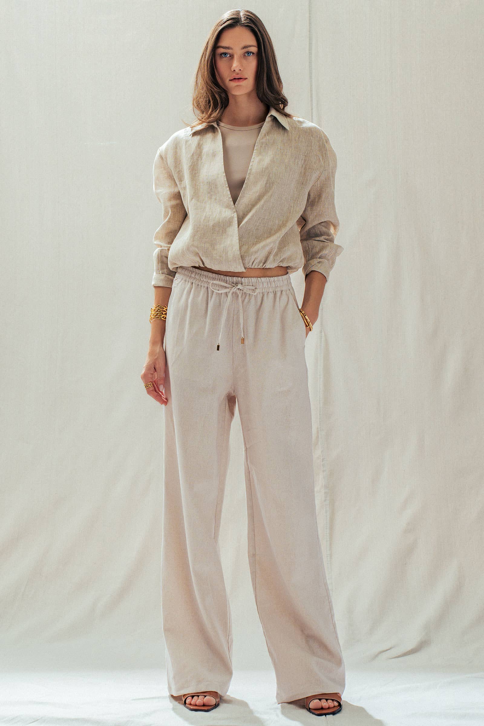 Linen Blend Wide Leg Pants Drawstring Waist
