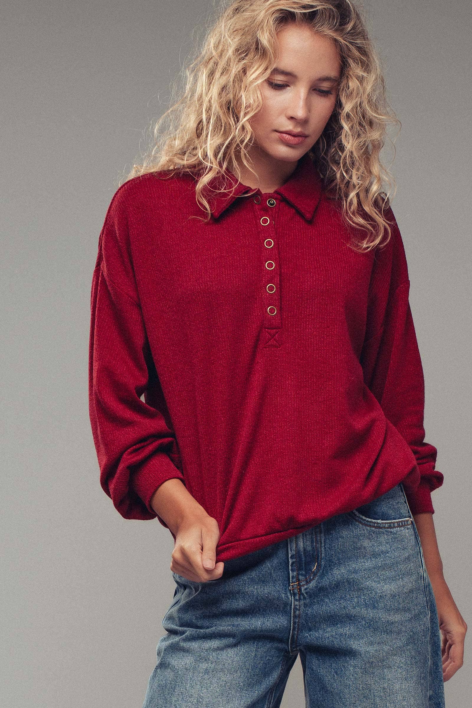 Urban Daizy Waffle Knit Collared Snap Placket Pullover Deep-Red Sweatshirt - Women's (UDZ-KN-00656) – alternate view 2