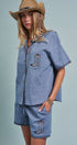 Urban Daizy Western Boot Embroidered Pocket Shirt Blue Button Down Shirt - Women's (UDZ-TP-01086-Blue) – alternate view 4