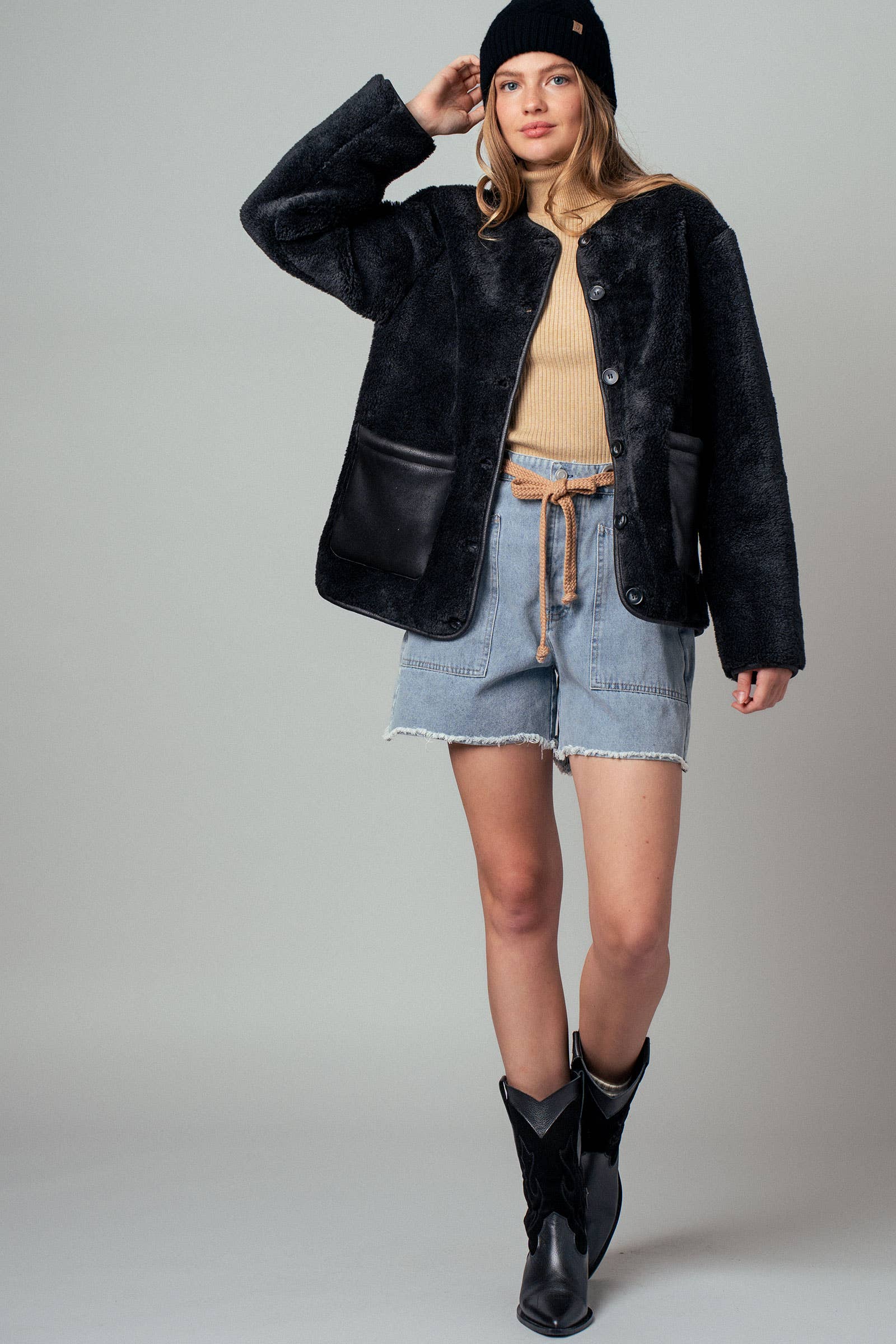Faux Shearling Jacket with Suede Pockets