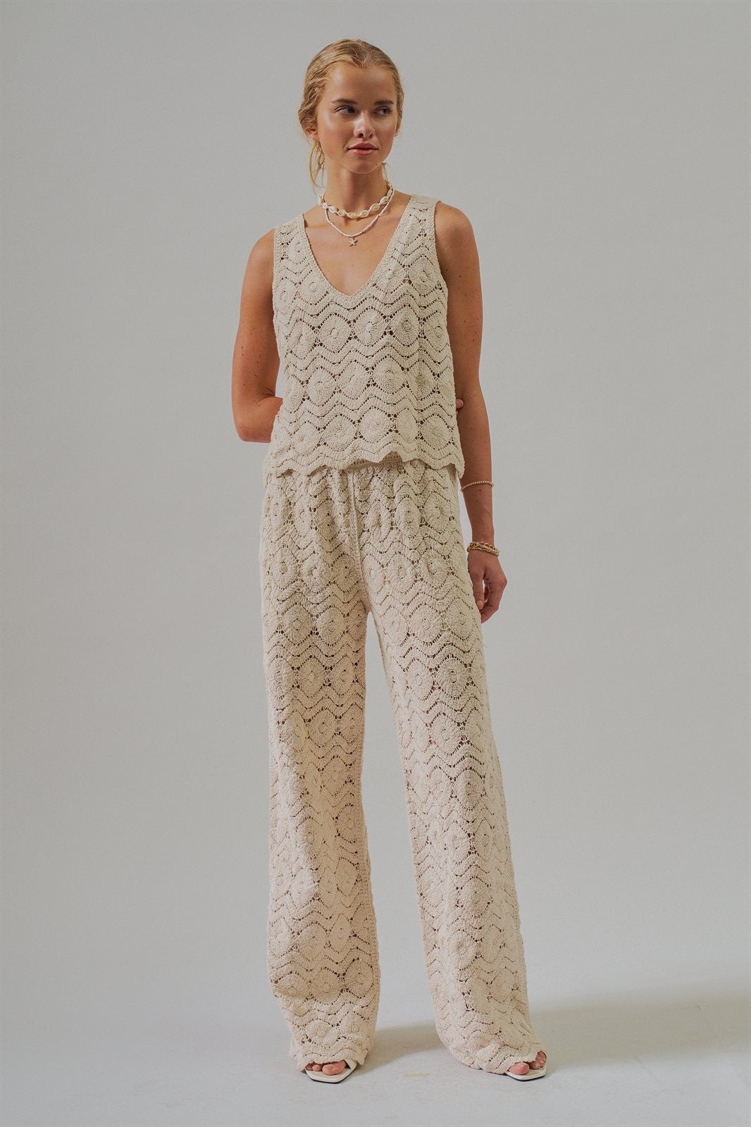 Natural Crochet Wide-Leg Pants