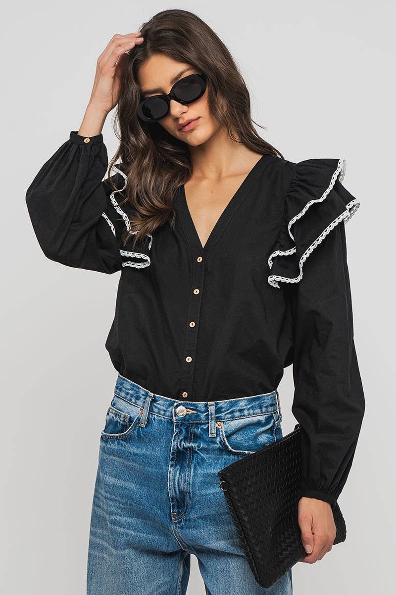 Urban Daizy Ruffled Shoulder V Neck Button Down Blouse White Black Blouse - Women's (UDZ-TP-00746) – alternate view 30