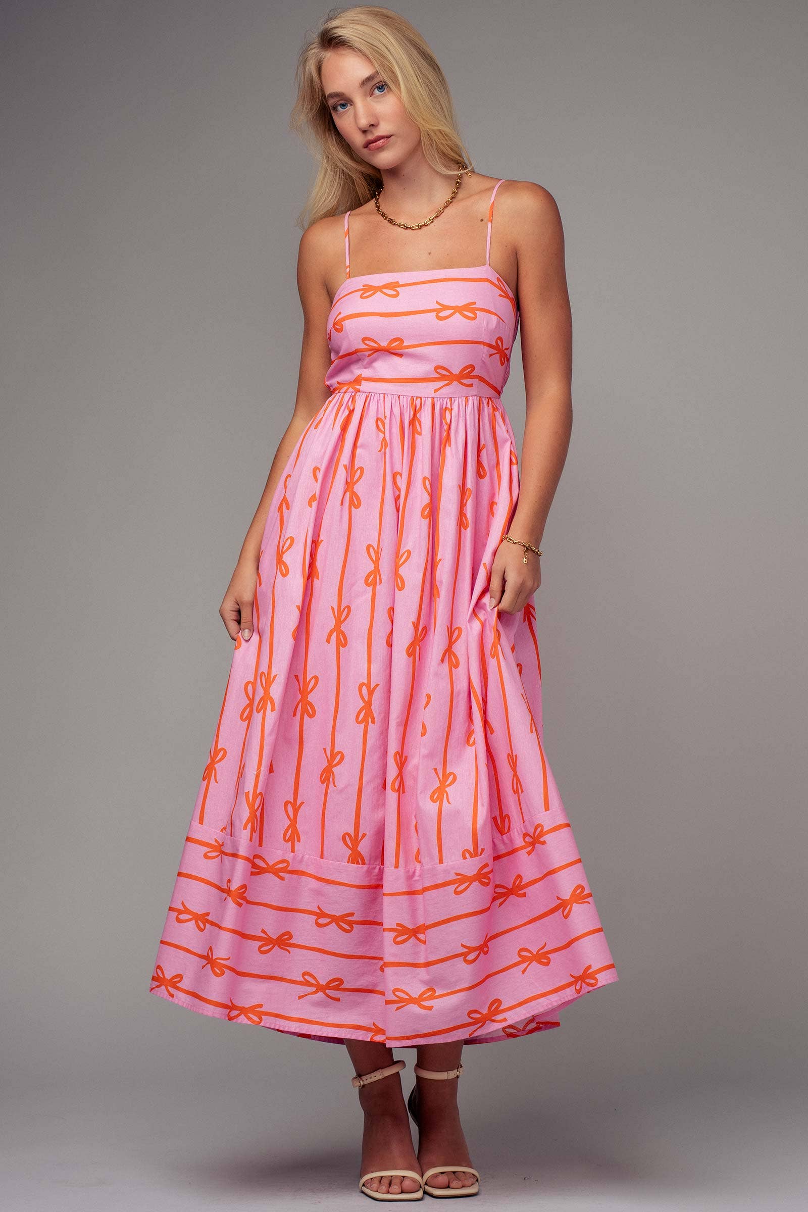 Sweet Ribbon Stripe Bow Print Smocked Back Maxi Dress