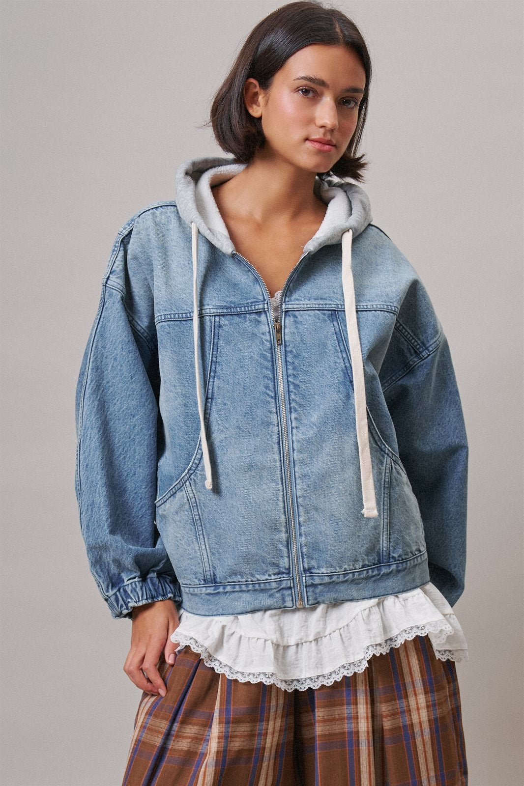 Hooded Denim Zip Up Jacket with French Terry Hood in DENIM - Women's Jackets & Blazers | Urban Daizy