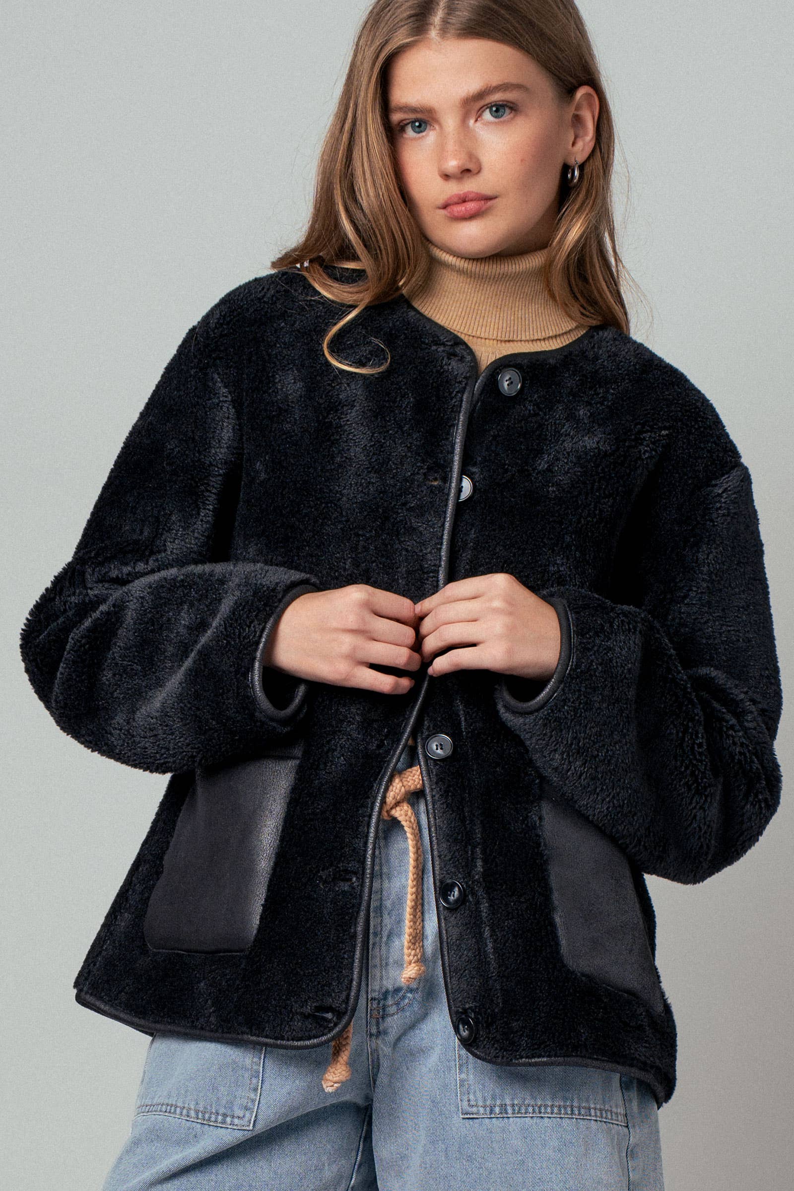 Faux Shearling Jacket with Suede Pockets