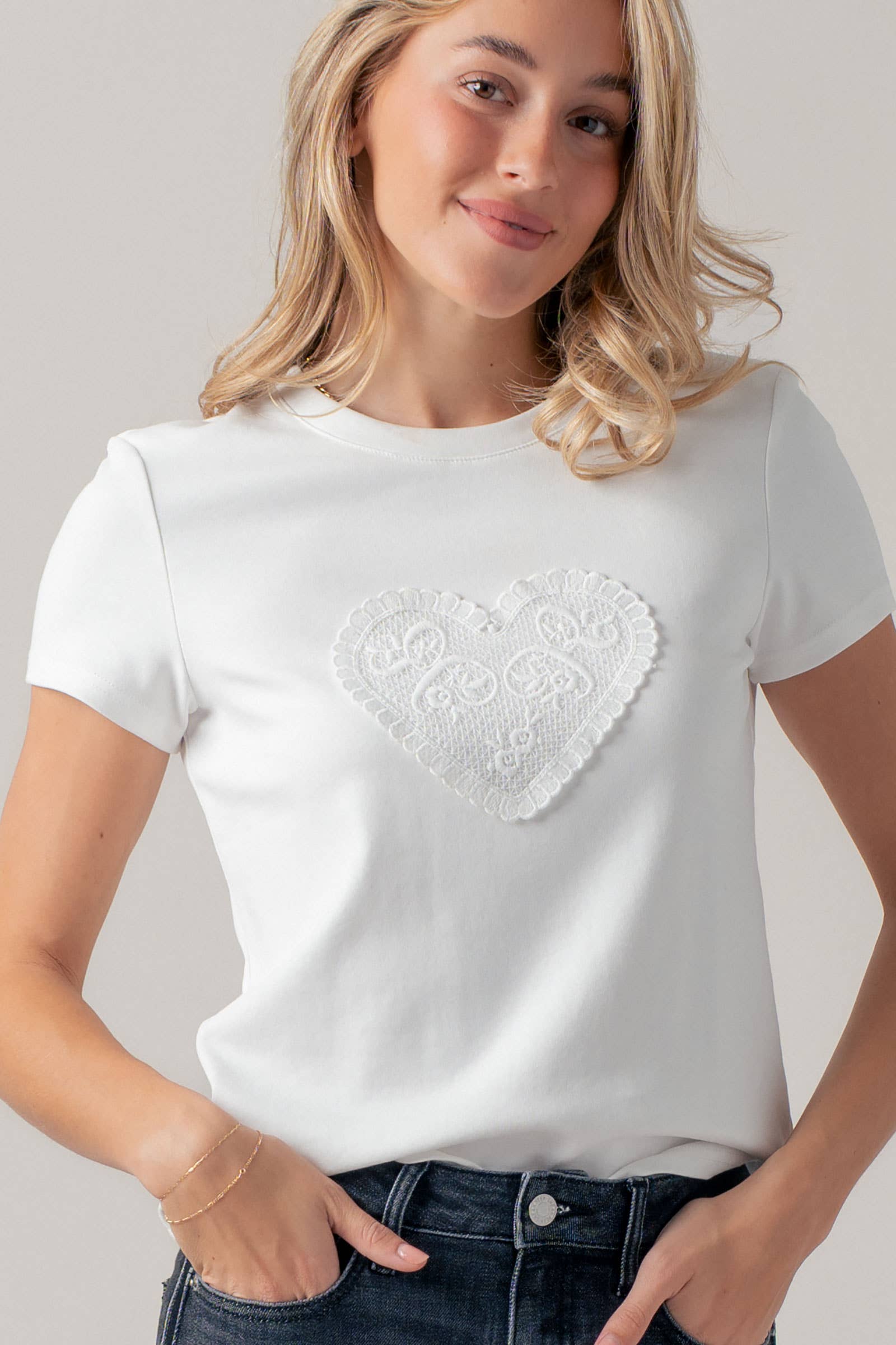 Lace Heart Patch Short Sleeve Cotton Tee