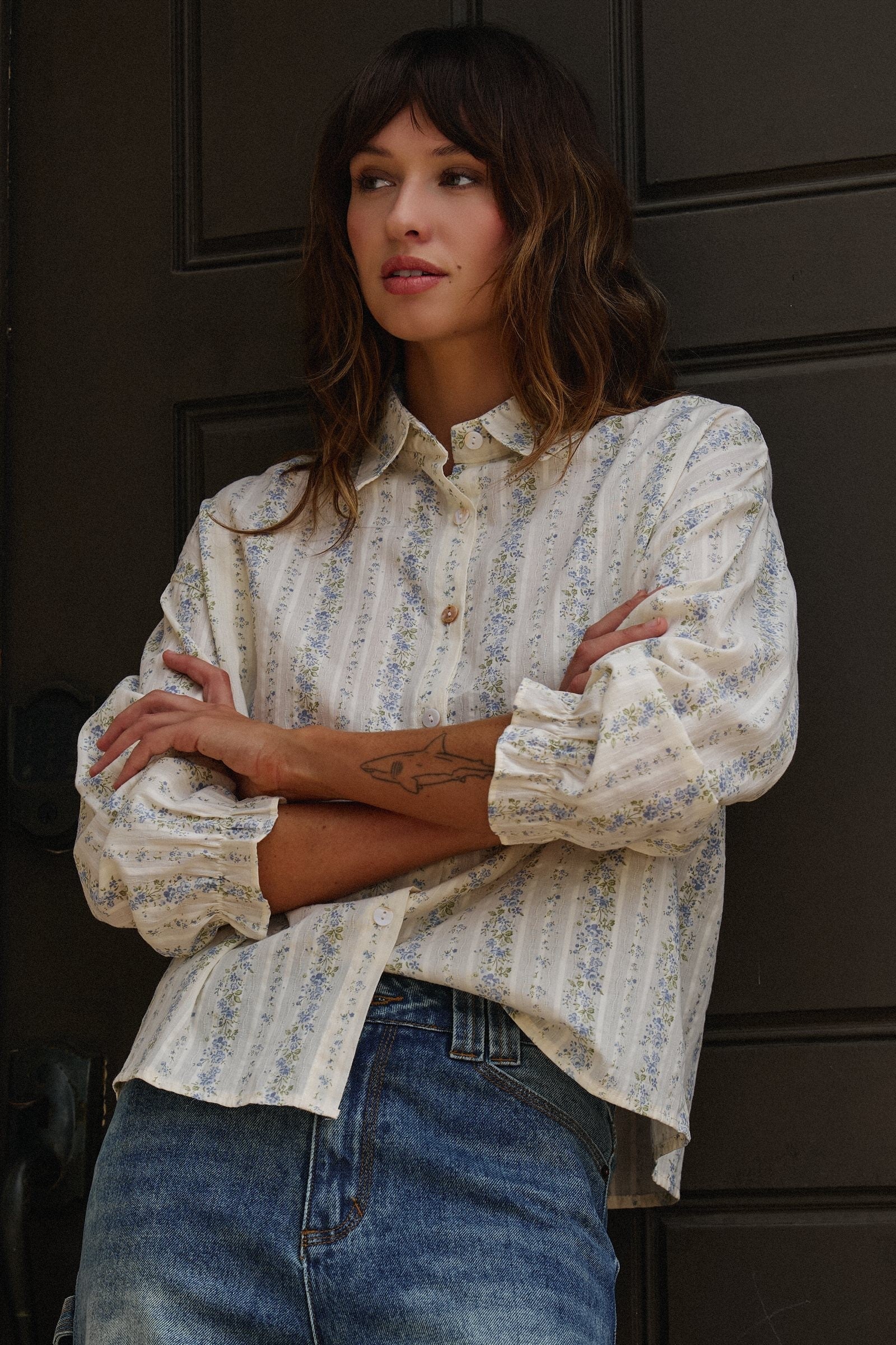 Blossom Whisper Stripe Button-Down Blouse in CREAM - Women's Shirts & Blouses | Urban Daizy