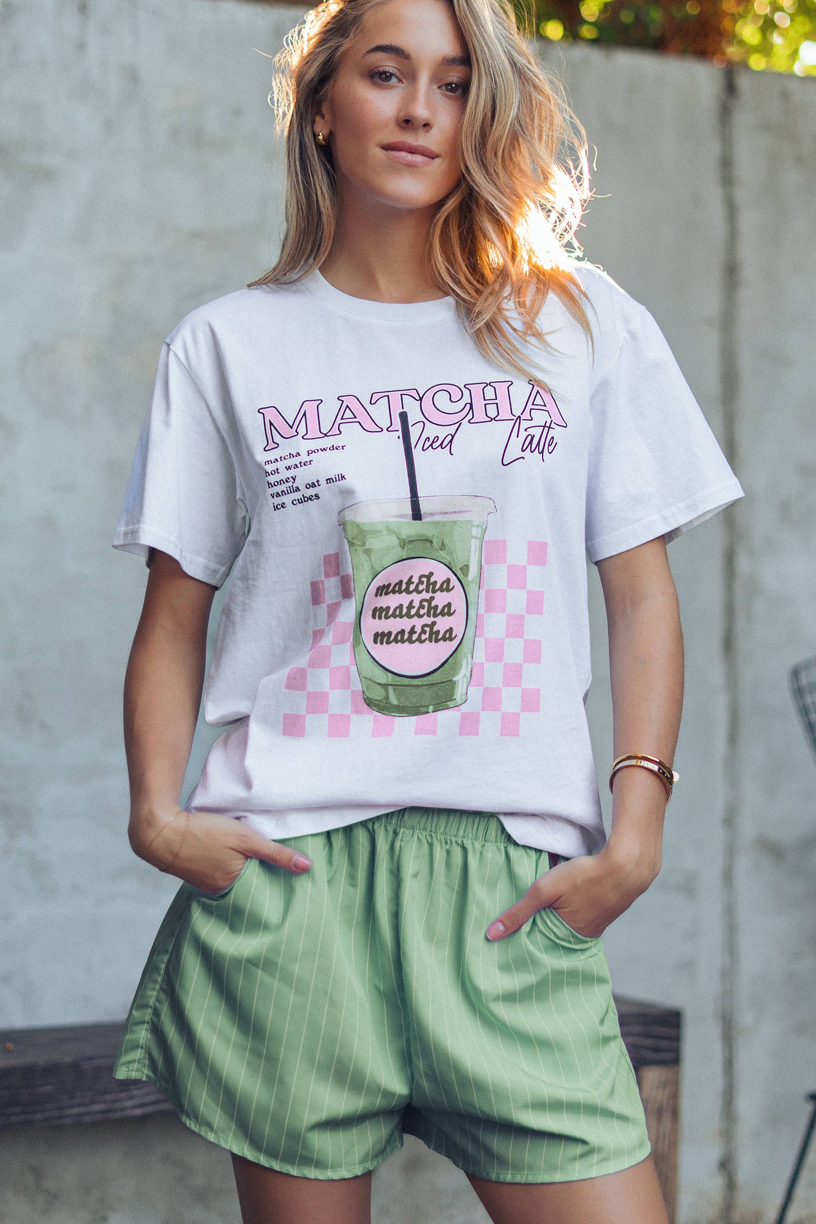 Urban Daizy Matcha Iced Latte Graphic Tee & Striped Shorts Set White-Green Lounge Set - Women's (UDZ-AC-00230) – alternate view 2