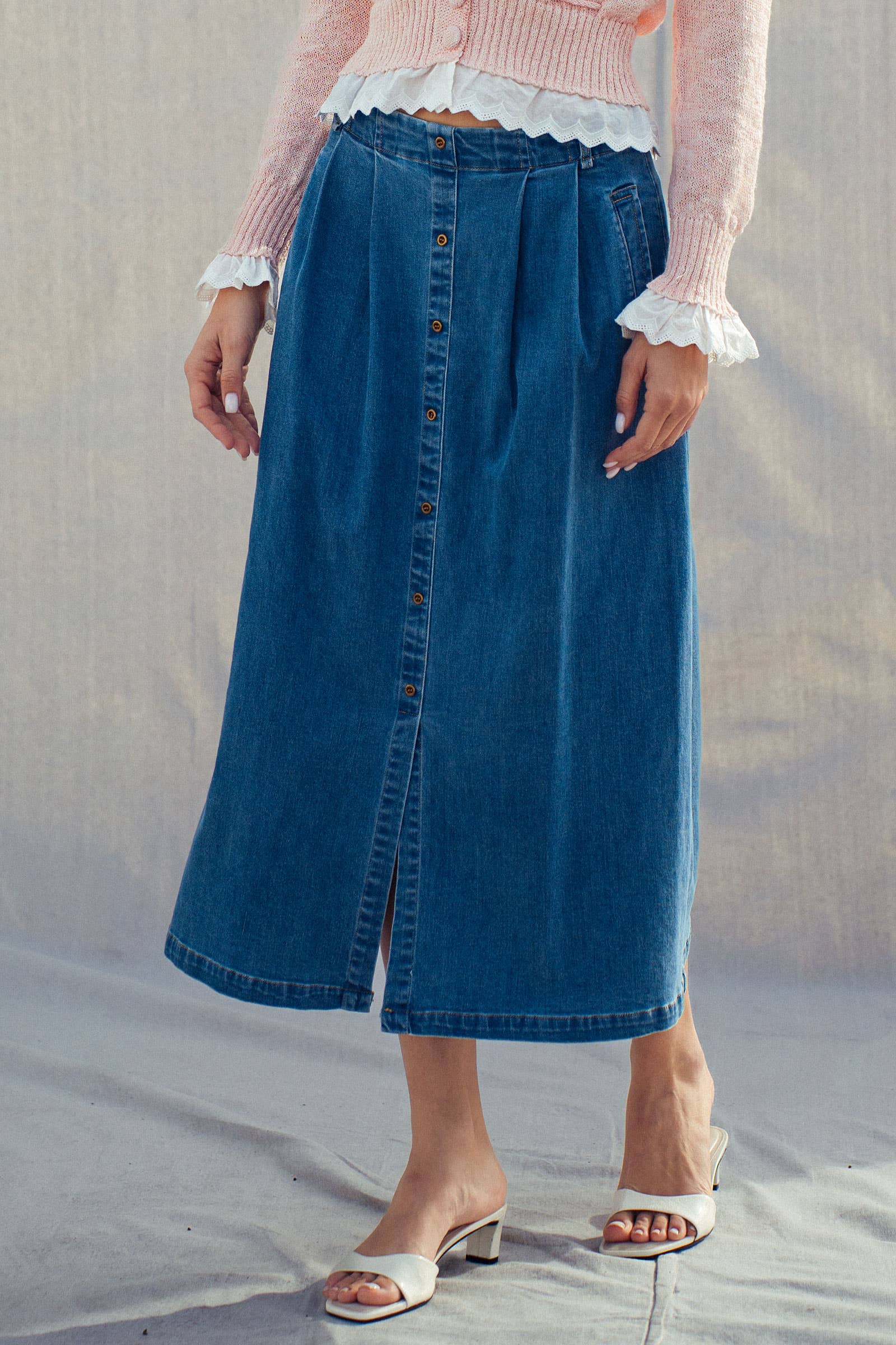 Urban Daizy Button-Front Denim Midi Skirt Denim Skirt - Women's (UDZ-SK-00176) – alternate view 3