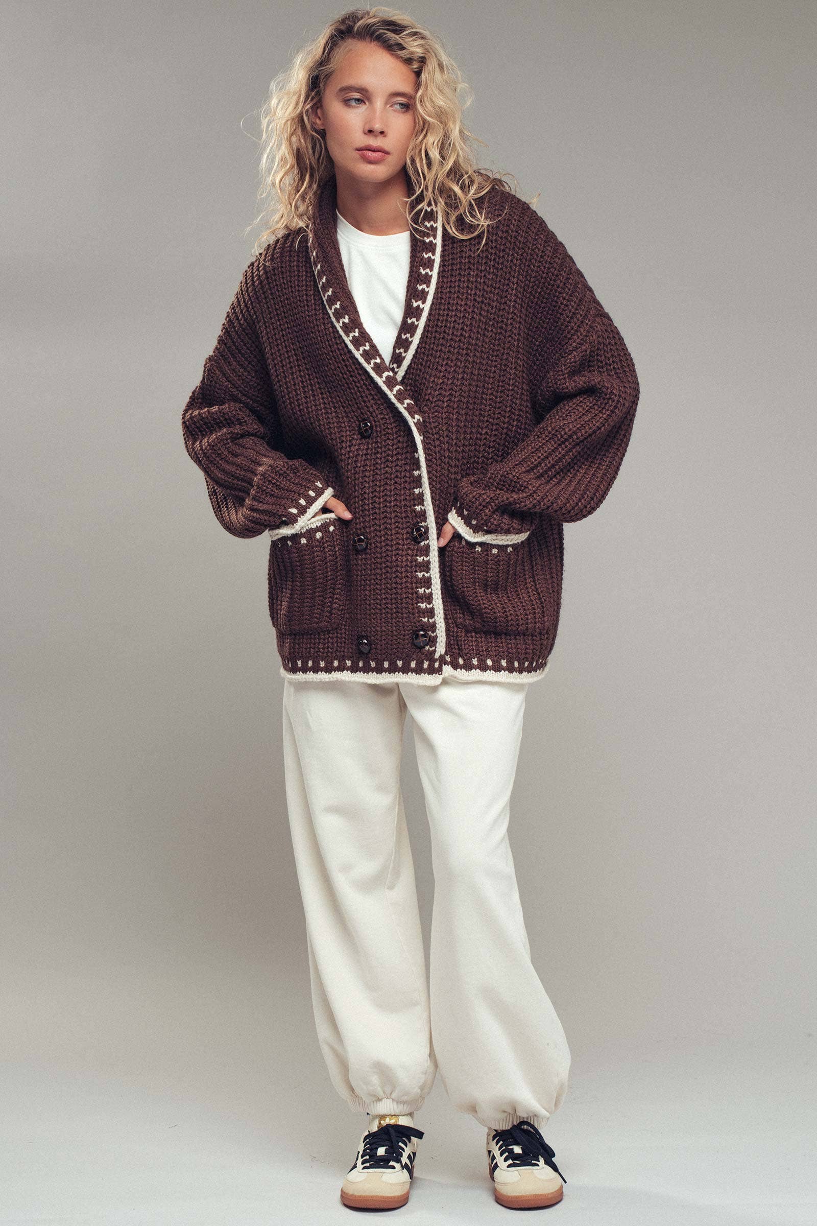 Urban Daizy Chunky Knit Oversized Contrast Cardigan Taupe Cardigan - Women's (UDZ-TP-00814) – alternate view 8