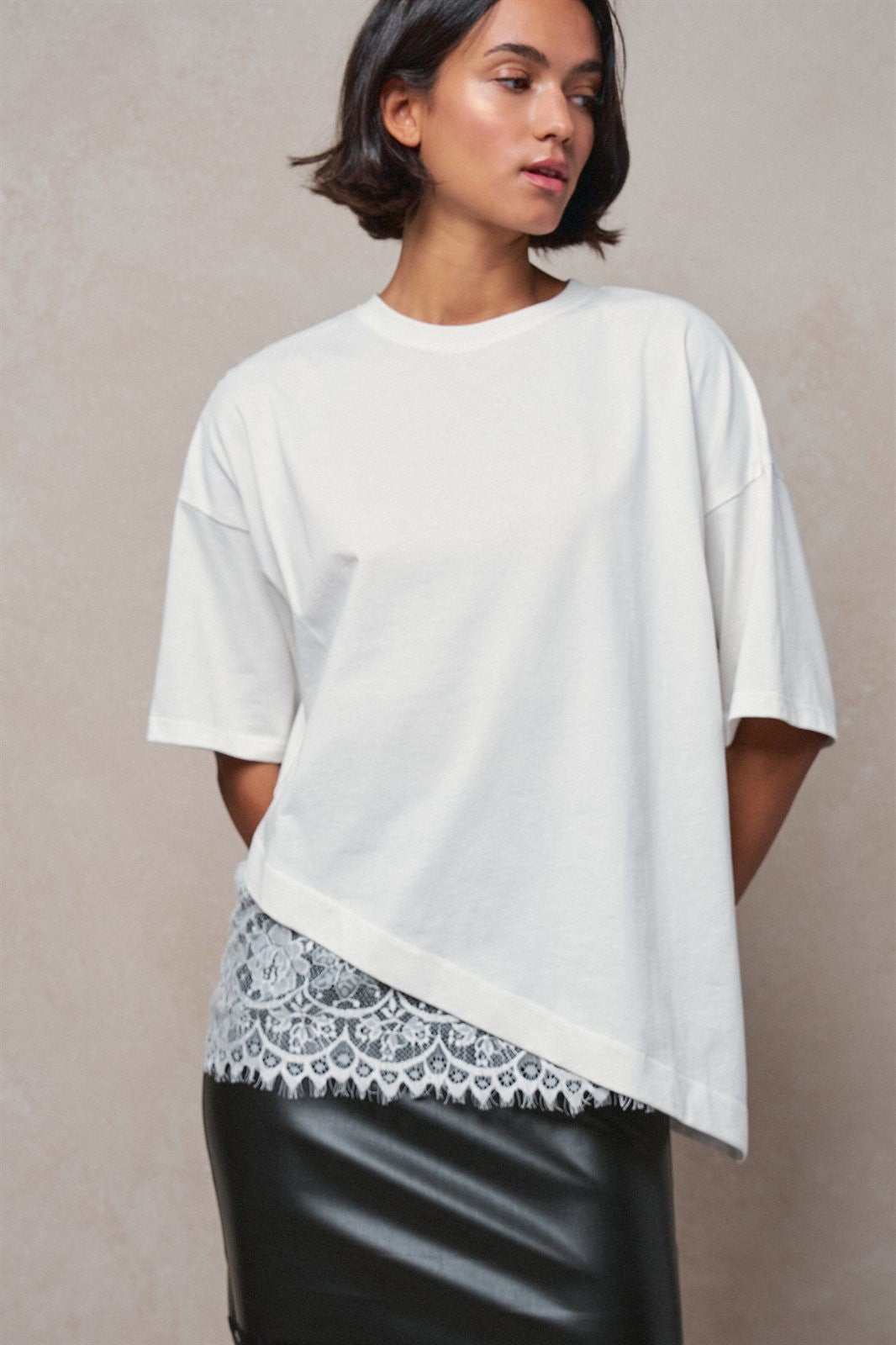 Oversized Cotton Tee with Asymmetric Lace Hem in WHITE - Women's T-Shirts & Polos | Urban Daizy