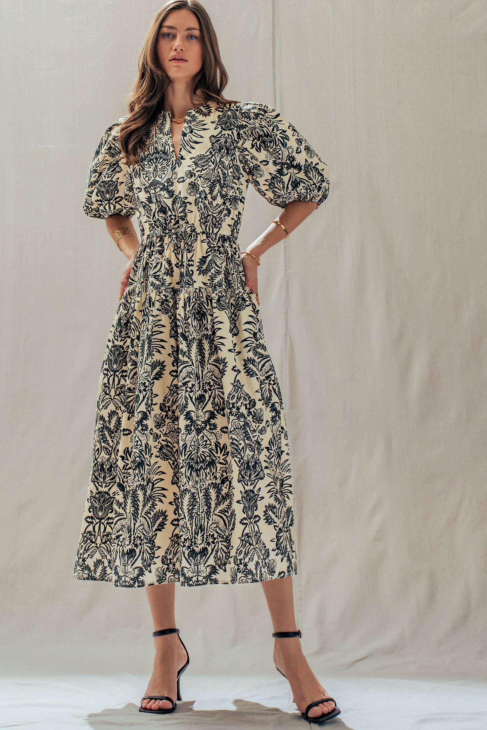 Urban Daizy Botanical Puff Sleeve Cotton Midi Dress Ivory-Black Dress - Women's (UDDR0335-Ivory-Black) – alternate view 9