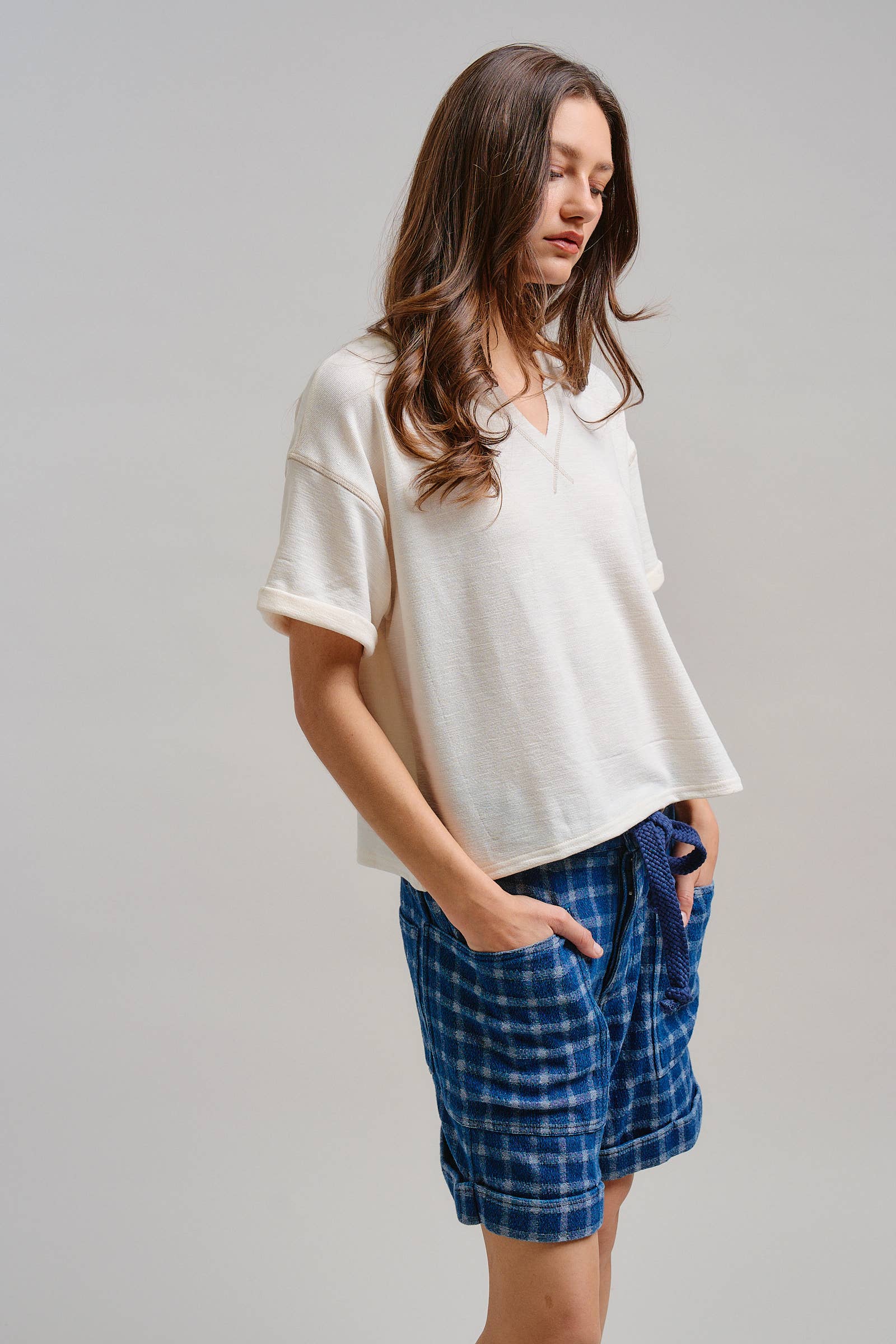 Urban Daizy Short Sleeve Notch Neck Boxy Lounge Tee Ivory Lounge Top - Women's (TNTP4007-Ivory) – alternate view 5