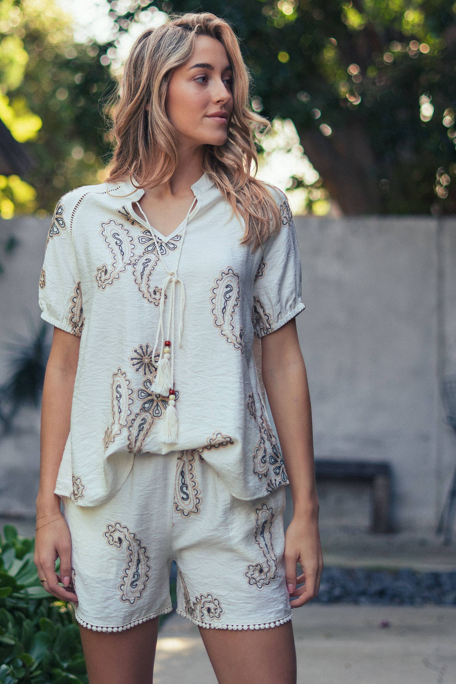 Paisley Embroidered Linen Blend Tassel Top