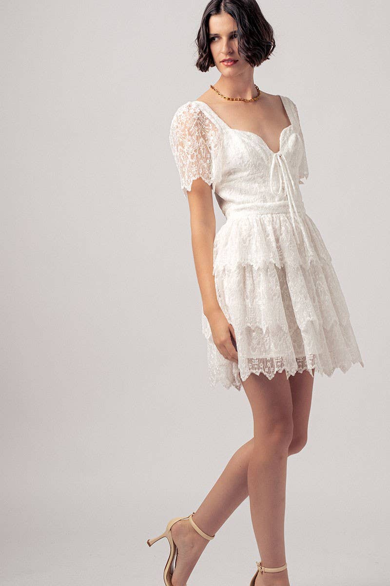 Tiered Lace Mini Dress with Corset Bodice and Puff Sleeves