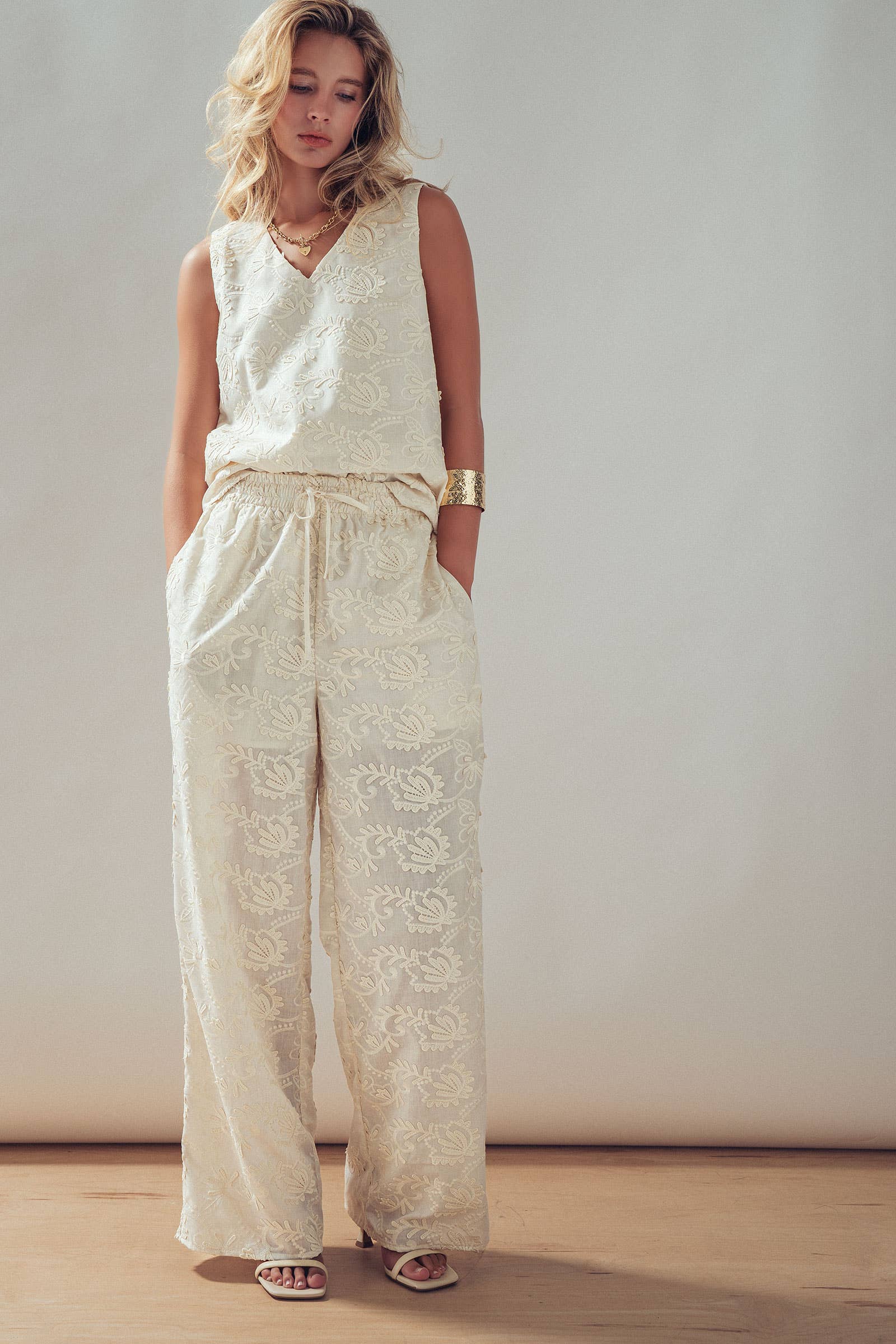 Floral Embroidered Cotton Top And Pant Set